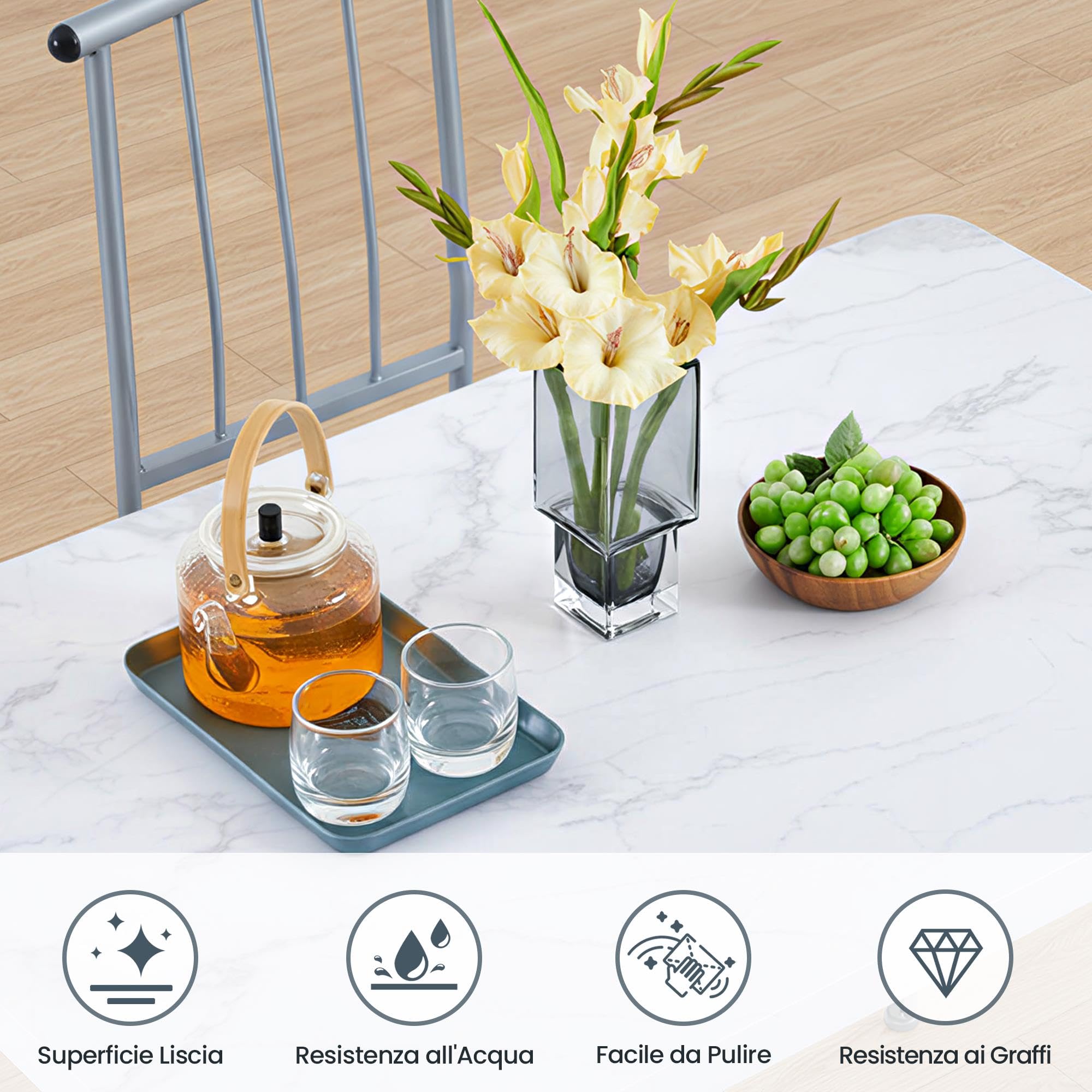 Tavolo da Pranzo con 4 Sedie, Set 5 Pezzi in MDF e Metallo per Sala da Pranzo, Cucina, Bar e Soggiorno per 4 Persone Bianco