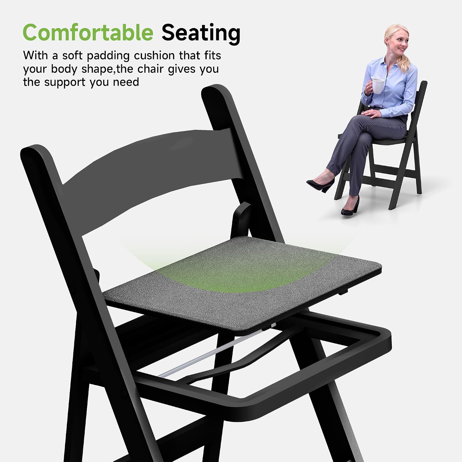 Real Relax Black Resin Folding Chairs with Cushion - Comfortable Foldable Plastic Chair - Stackable Chairs with Padded Seats - Indoor/Outdoor Chairs for Events, 600lbs Capacity(100 Pack)