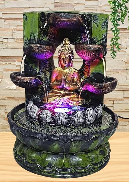 Welcome Home Decor Resin Lord Buddha Tabletop Waterfall Fountain Fengshui Indoor Decoration Zen Fountain for Home Office Bedroom Decor Multicolour - 20 x 20 x 25 cm
