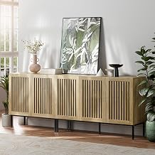 BVIUNTWO 79" Farmhouse Buffet Cabinet with Metal Base, Adjustable Shelves & 5 Doors, Oak Storage Sideboard for Kitchen, Dining & Living Room