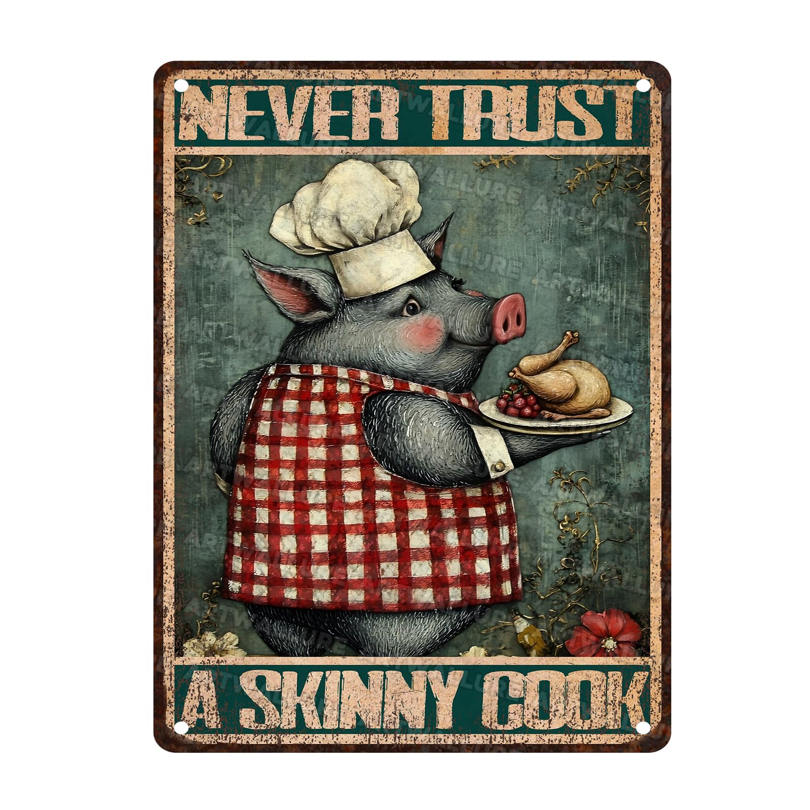 Pig Vintage Tin Sign Never Trust A Skinny Cook Metal Tin Sign Wall Decor Rustic Kitchen Wall Decor for Home 12x16inch