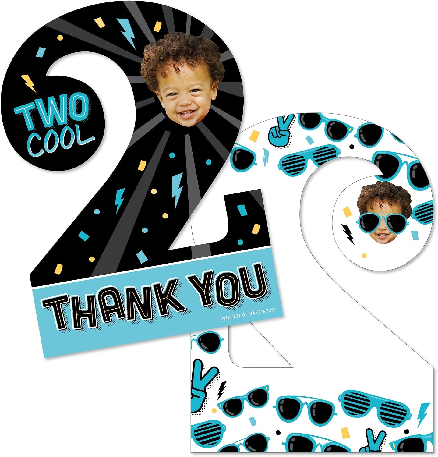 Big Dot of Happiness Custom Photo Two Cool - Boy - Blue 2nd Birthday Party Fun Face Shaped Thank You Cards with Envelopes - Set of 12