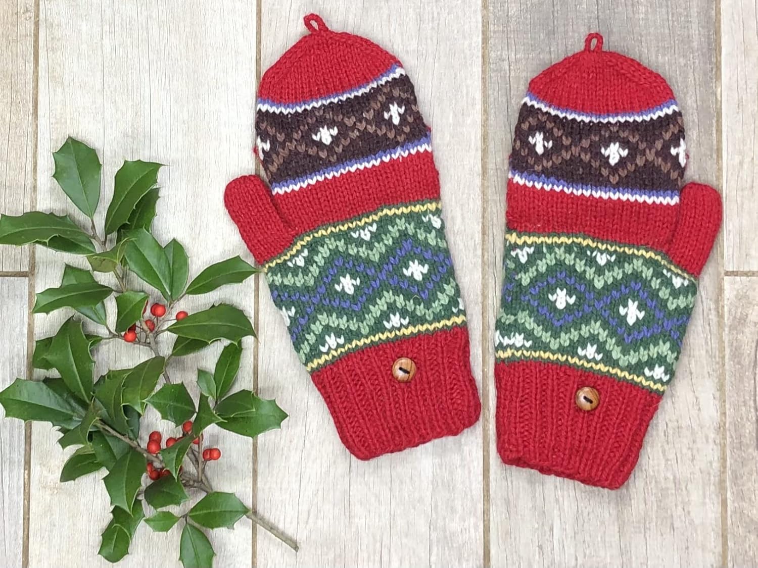 Hand Knit Alpaca Convertible Mitten Fingerless Glove Flip Cover Fair Isle Pattern Fleece Lined - Image 3