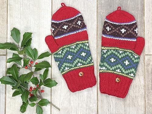 Miniatura 3 de Mano Knit Alpaca Convertible Guante Sin Dedos Flip Cover Fair Isle Patrón Forro Polar