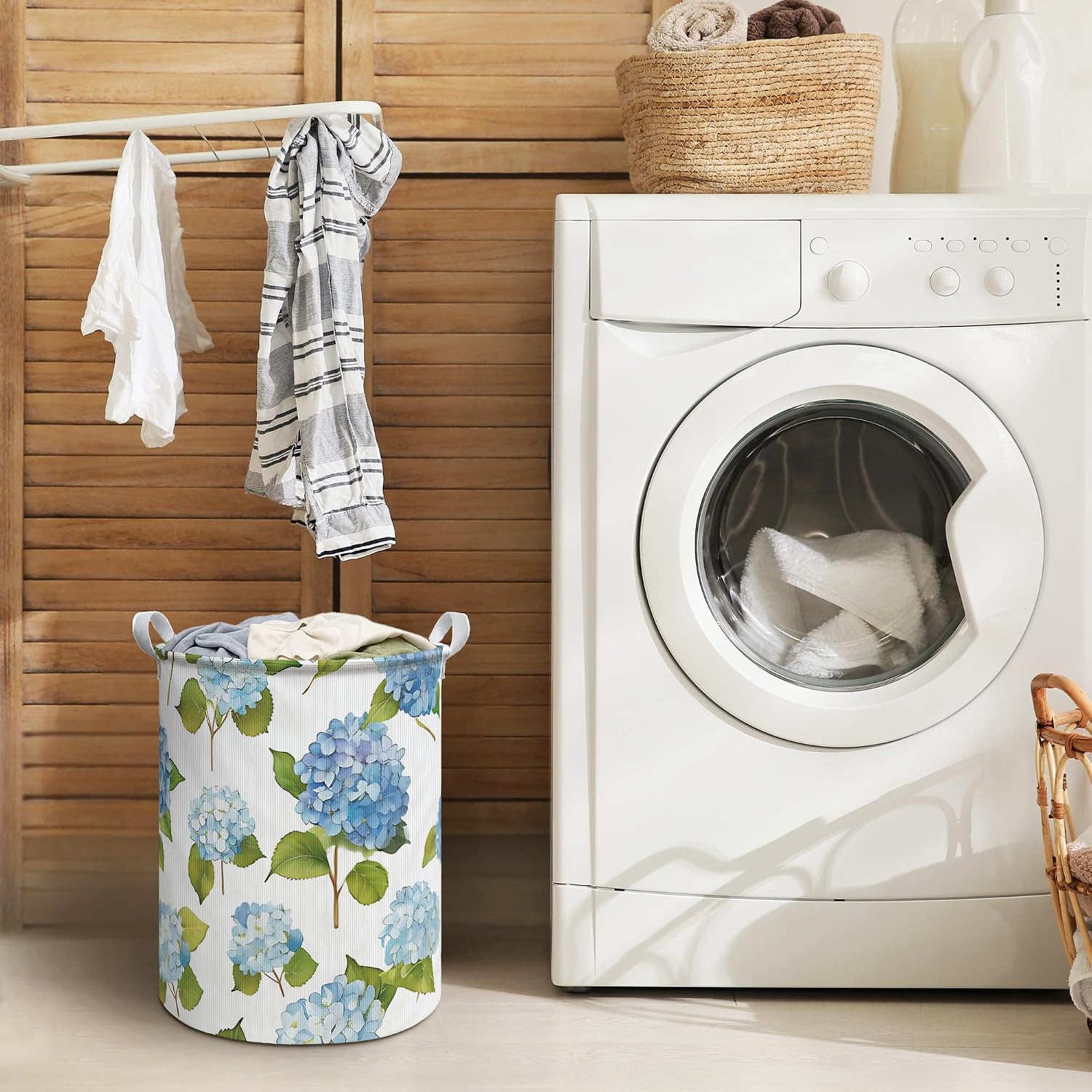 Blue Hydrangea Floral Laundry Hamper Basket, Hydrangea Gifts, Farmhouse Flower Decor Dirty Clothes Hamper, Cottage Core Floral Laundry Bin Organizer Storage Basket for Bathroom, 13.8x17.8 Inch image 3