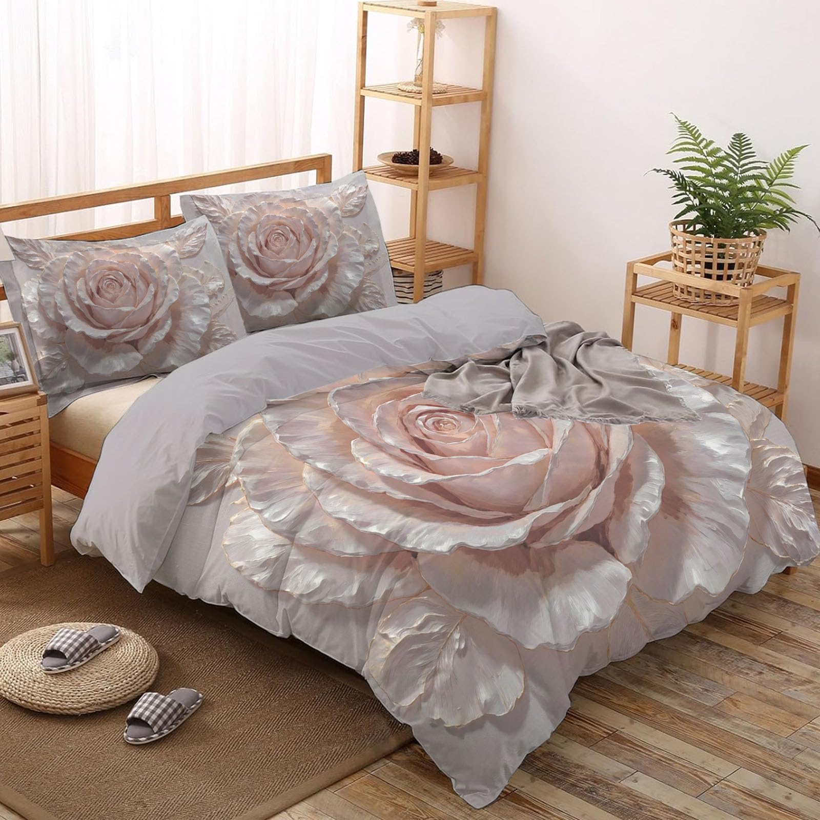 Copripiumino Matrimoniale Fiori Squisiti, Set di Biancheria da Letto Microfibra 3 Pezzi, Parure Copri Piumino 260x240CM e 2 Federa 50x75, Crema Copritrapunta con Cerniera