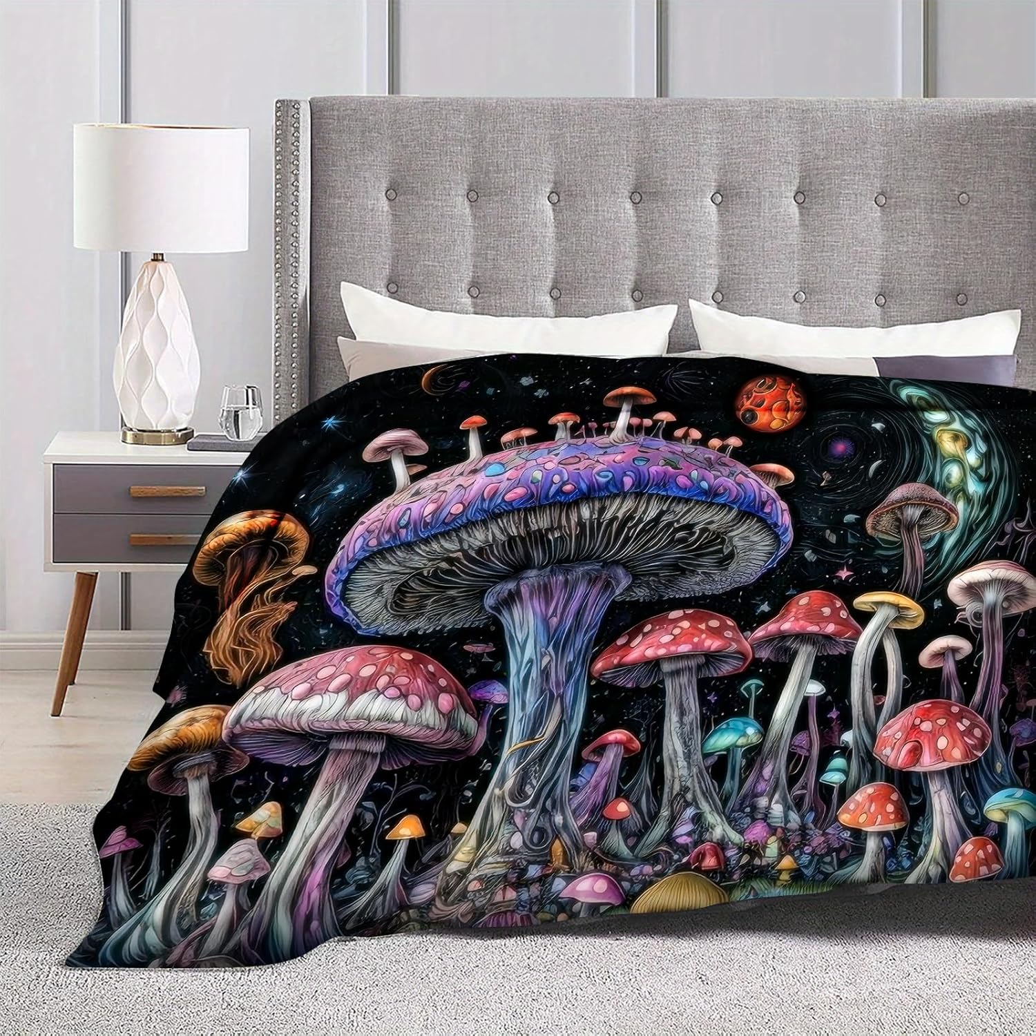 Mushroom Throw Blanket for Adults, 80"x60", Magic Mushrooms Soft Printed Blanket Plush Fluffy Warm Decorative Fuzzy Blankets for Bed Home Living Room Travel