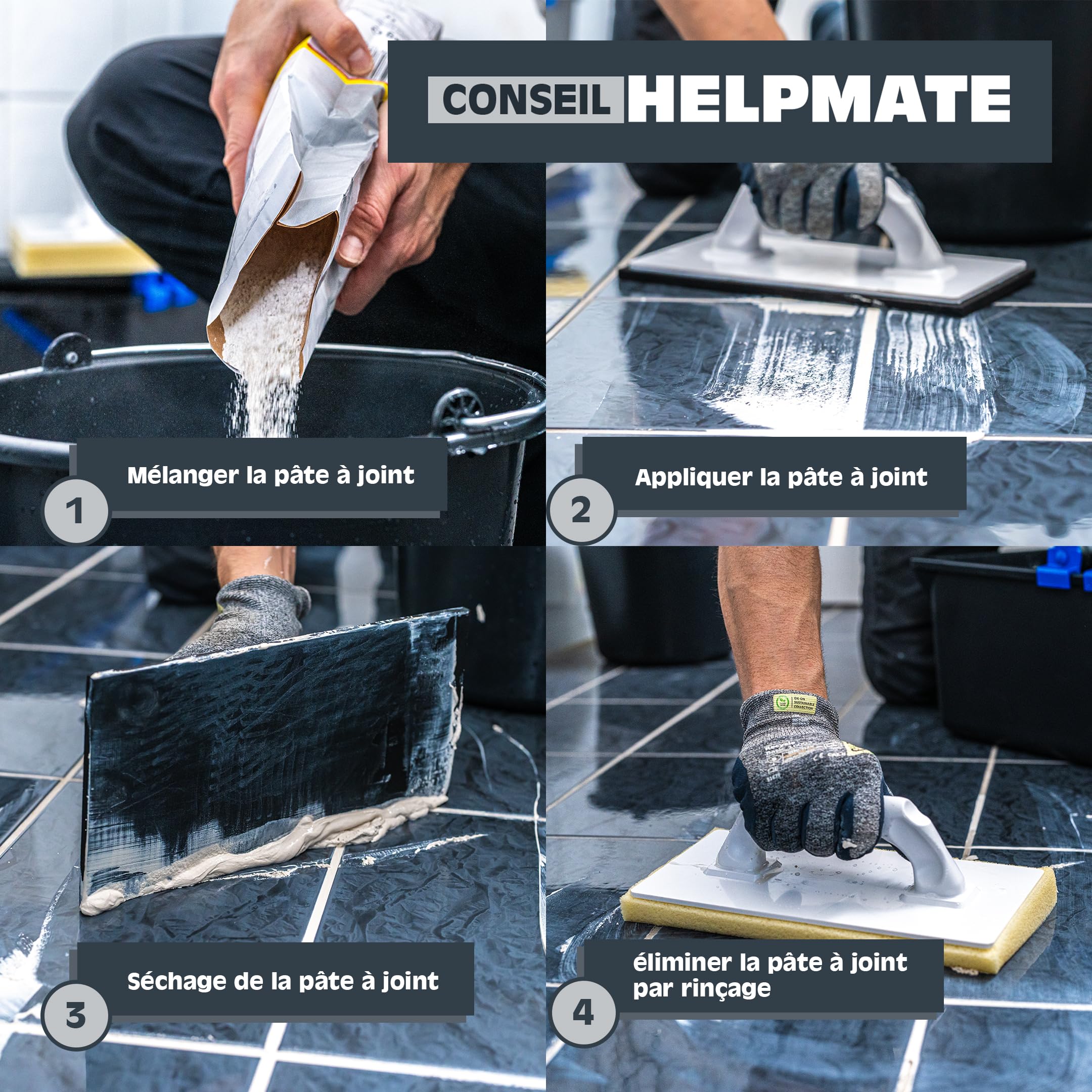 HELPMATE – Kit de lave sol de carrelage 5 pièces & seau de 12 litres – balais serpillère nettoyer sol – support à roulettes double – planche de lavage de carrelage & planche à joints