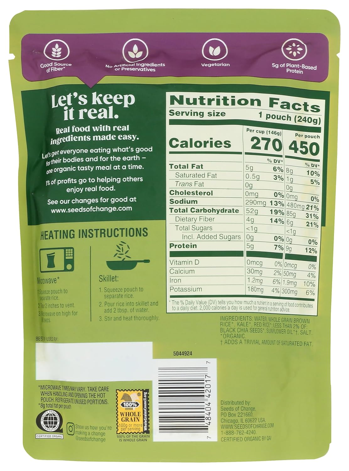 SEEDS OF CHANGE Organic Brown & Red Rice with Chia and Kale, Microwaveable Ready to Heat, 8.5 Ounces image 2
