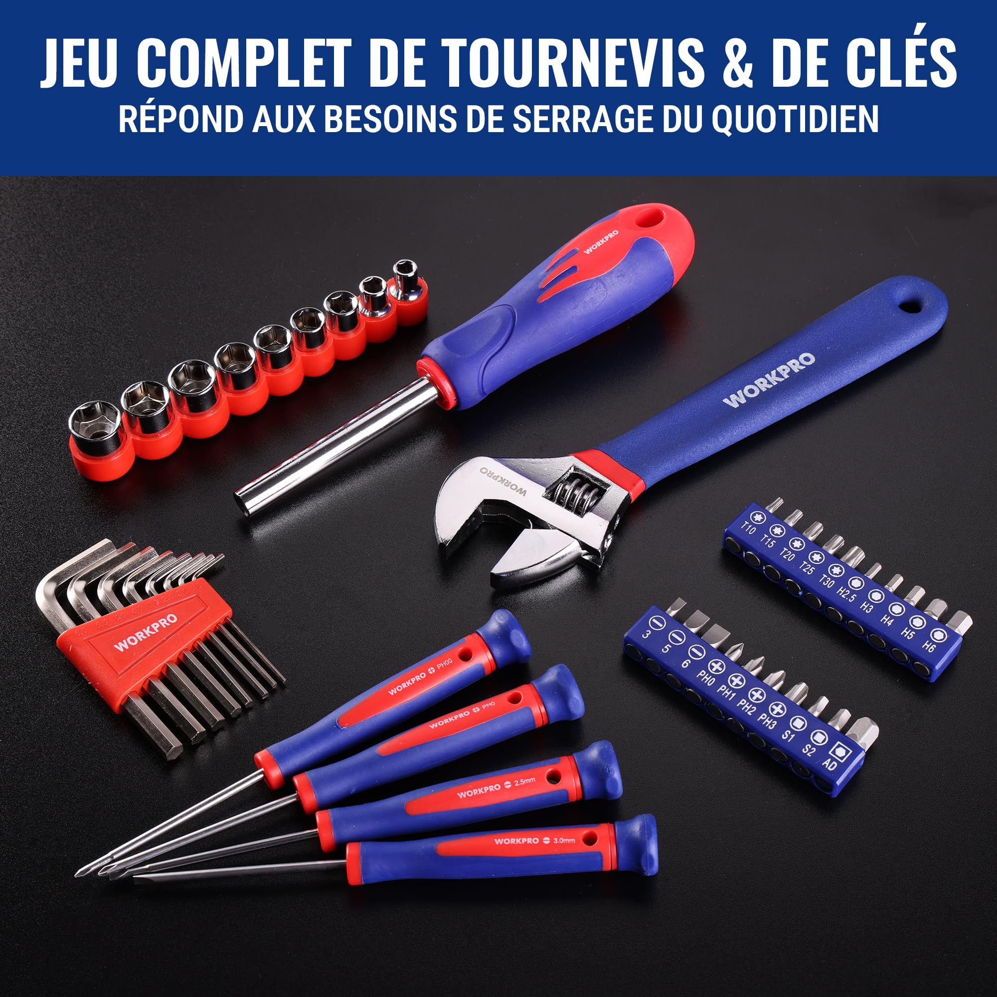 WORKPRO Kit d'Outils avec Sac de Rangement | pour Usage Domestique ou du Travail 100 Pièces en Acier au carbone et Cr-V, Bleu Rouge Noir