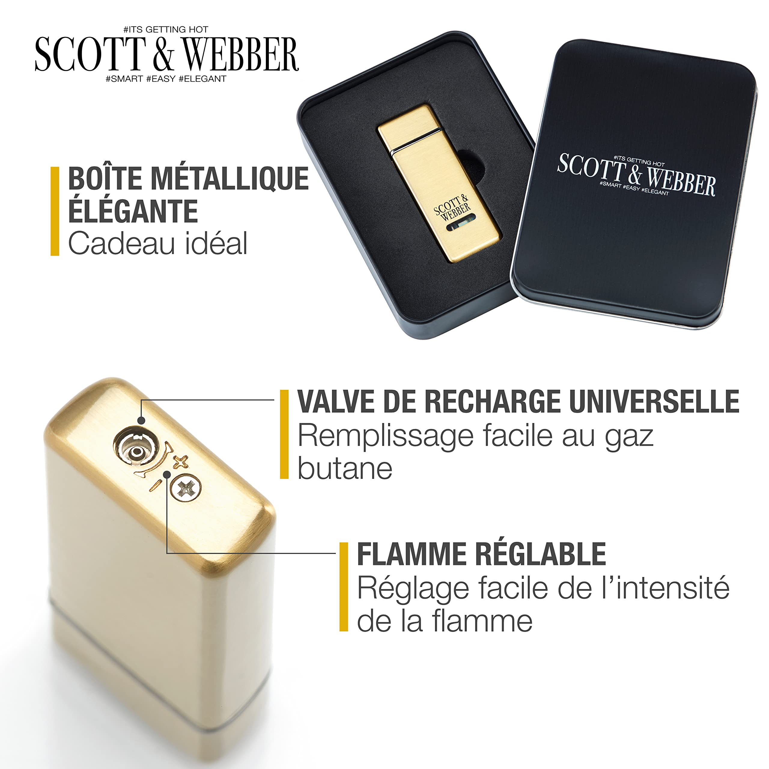 Scott & Webber® Briquet Tempête Gaz Jet Réglable Jusqu'à 1300°C - Métal Rechargeable Avec Boîte Cadeau (Argent Carré)