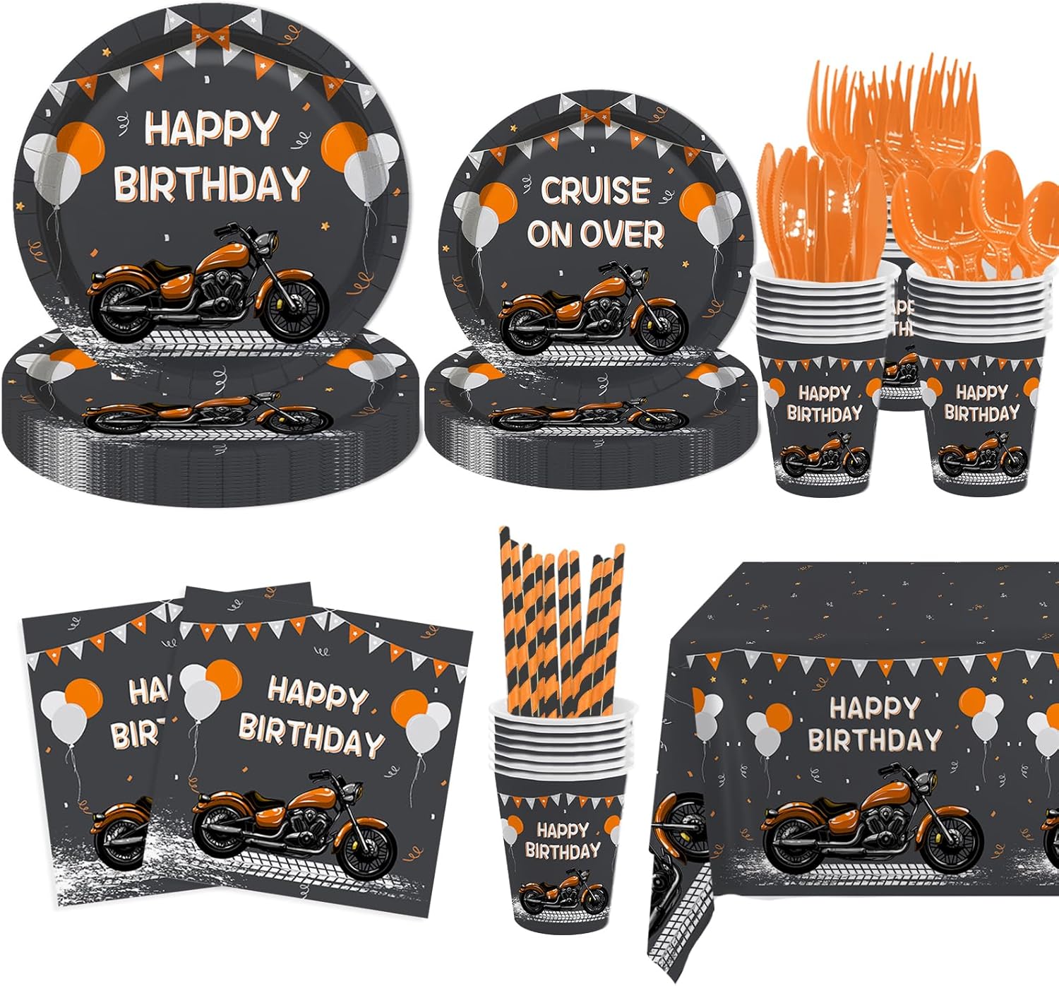 MEHOFOND Motorcycle Birthday Party Decorations for Boys, Orange Black Motorcycle Birthday Plates and Napkins, Cruise On Over Paper Plates with Plastic Tablecloth, Dirt Bike Bday Party Decor,Serve 24