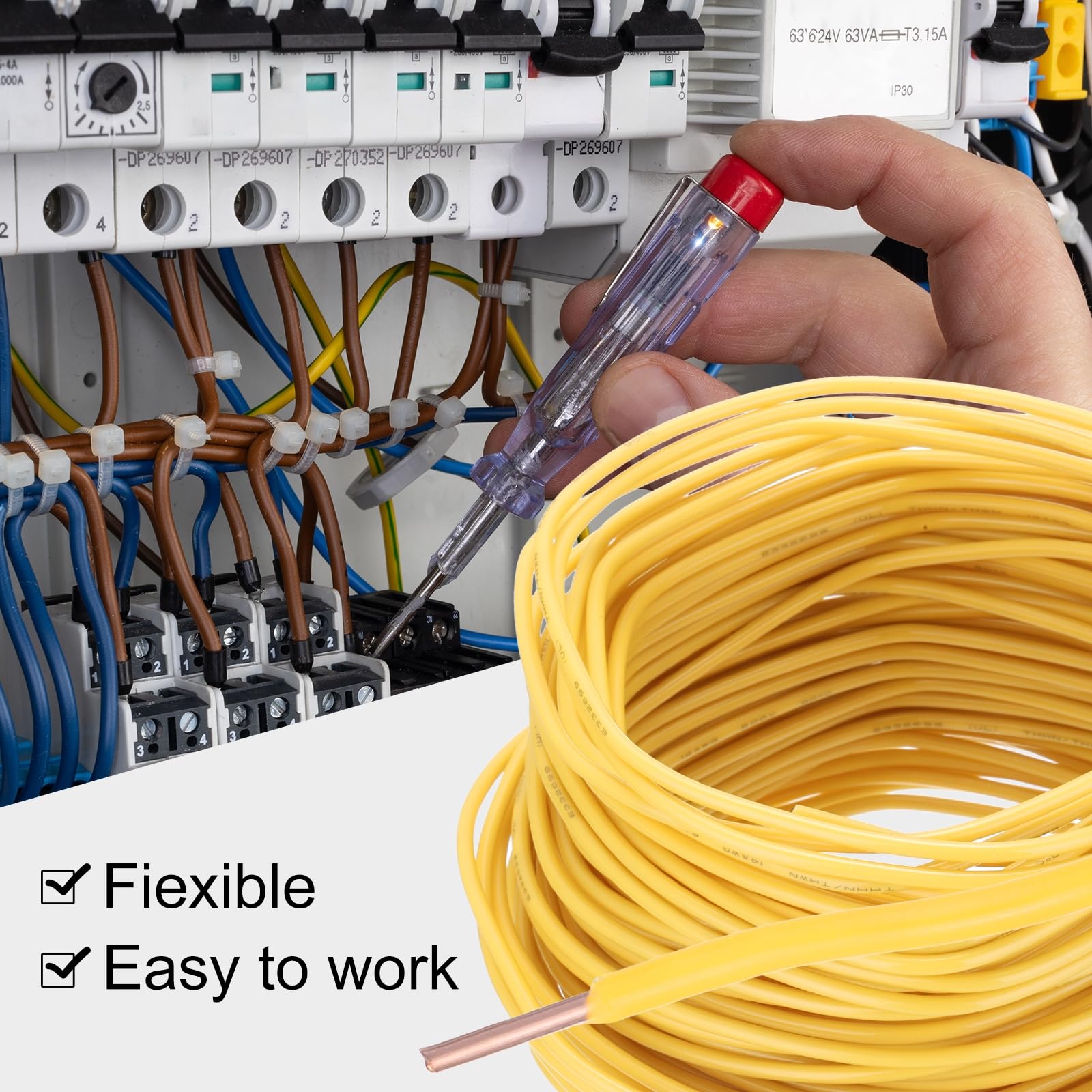 QUARKZMAN 100 Fuß Elektrischer Draht Isoliert Massivkupfer 14AWG Anschlusskabel THHN Draht Wohnbereich Industrie Erdung Elektrisch Bewertet Für 600 Volt UL Geprüft Gelb