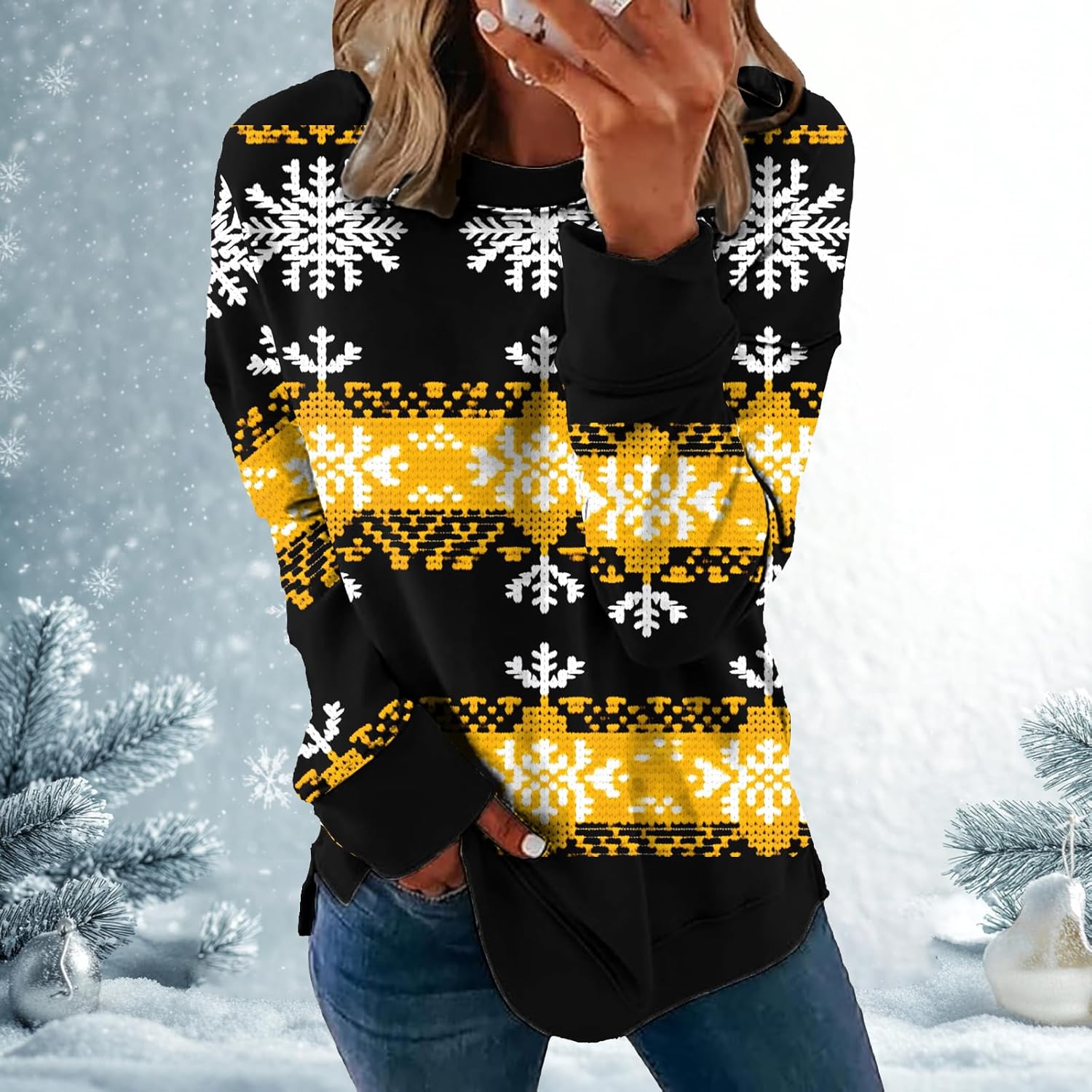 MARSVOVO Christmas Sweatshirts for Women Snowflake Graphic Long Sleeve Xmas Vacation Cute Pullover Tops - Image 2