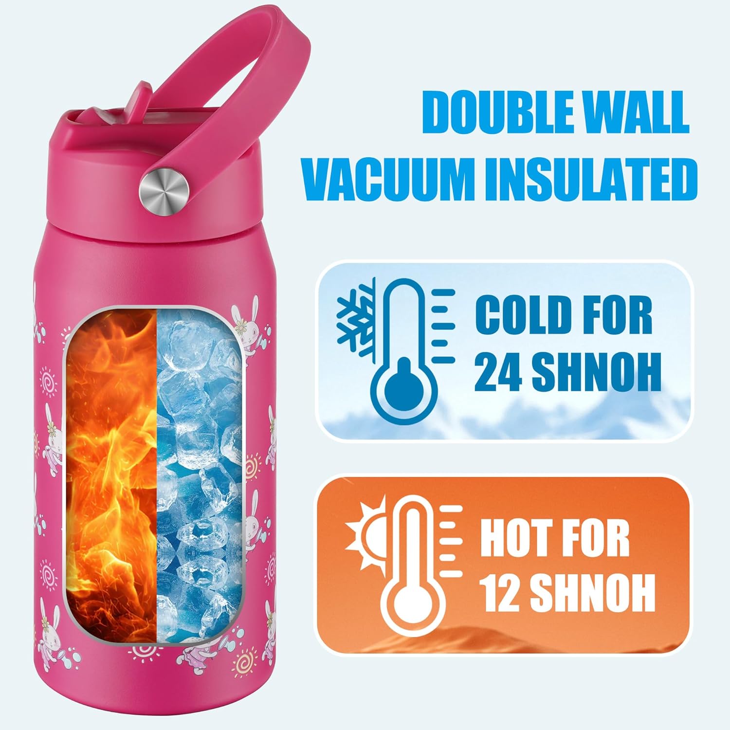 OLDLEY kids Water Bottle - 18oz Insulated Stainless Steel - Wide Straw Lid, Non Spill, Leakproof, Kids Water Bottle for School,Pink Bunny - Image 6