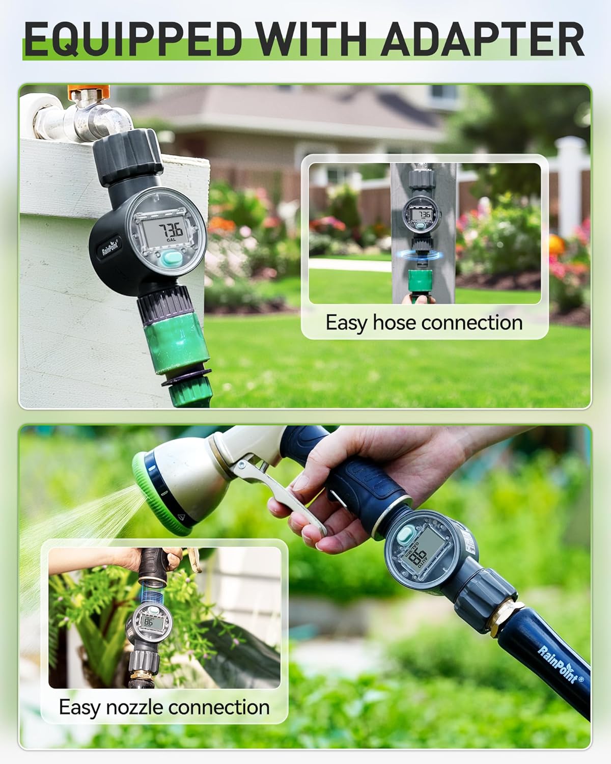 RAINPOINT Water Flow Meter, ±5% Accuracy, Measure Consumption and Flow Rate up to 9999.9 Gallon/Liter, Water Meter for RV, Garden Hose, Pool, Lawn Sprinkler & Nozzle Sprayer