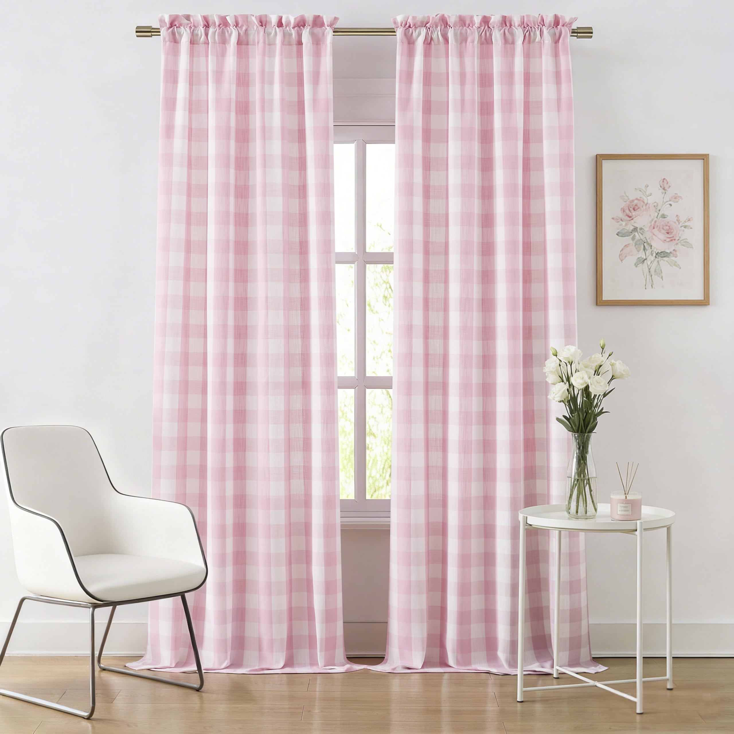 Bapawfish Pink White Buffalo Plaid Curtains 95 Inches Length Rod Pocket