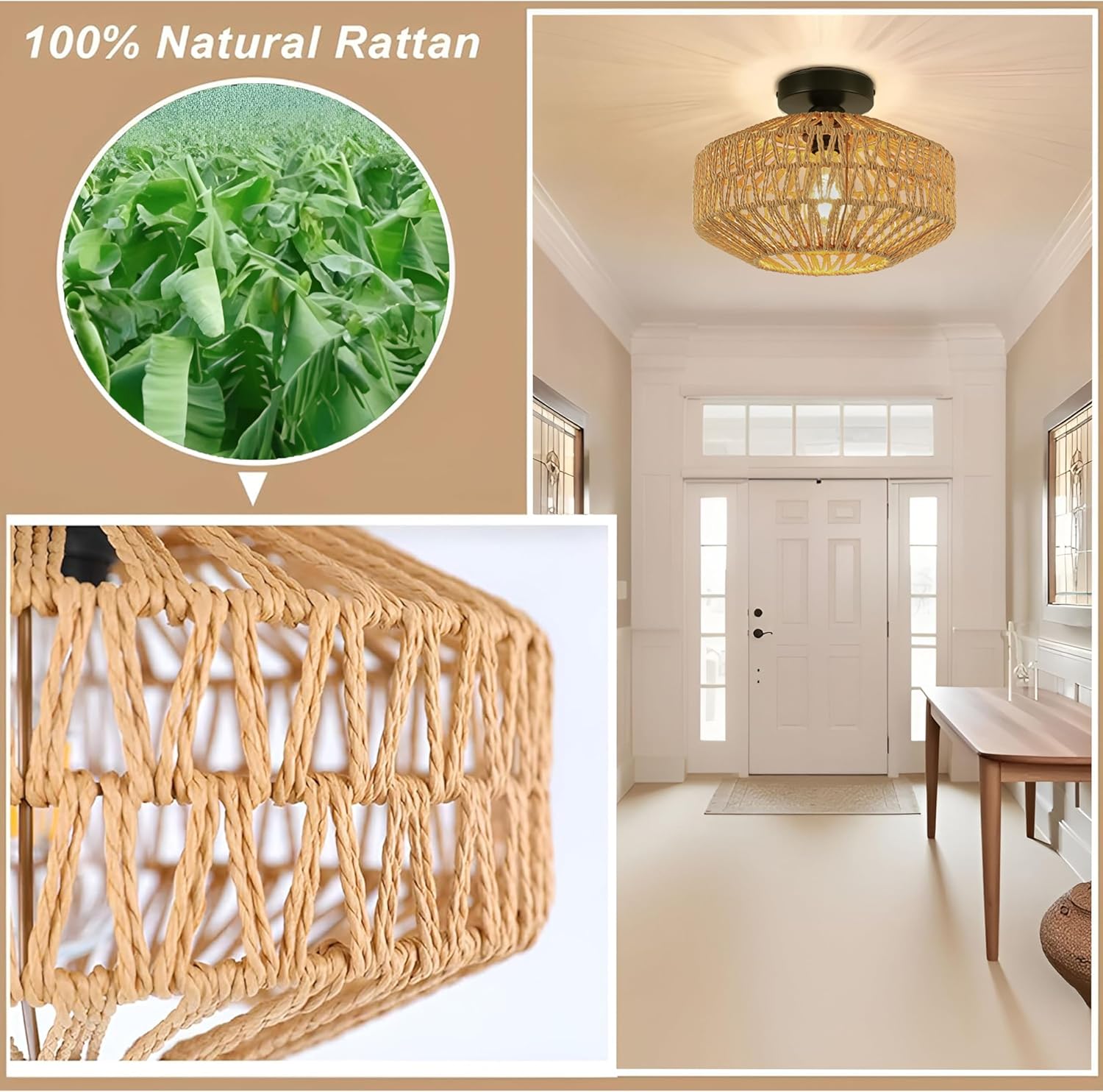 Boho Rattan Ceiling Light Fixture, Gold Flush Mount with Hand-Woven Shade, Rustic Ceiling Light Fixture for Hallway Bedroom Kitchen Entryway Living Room