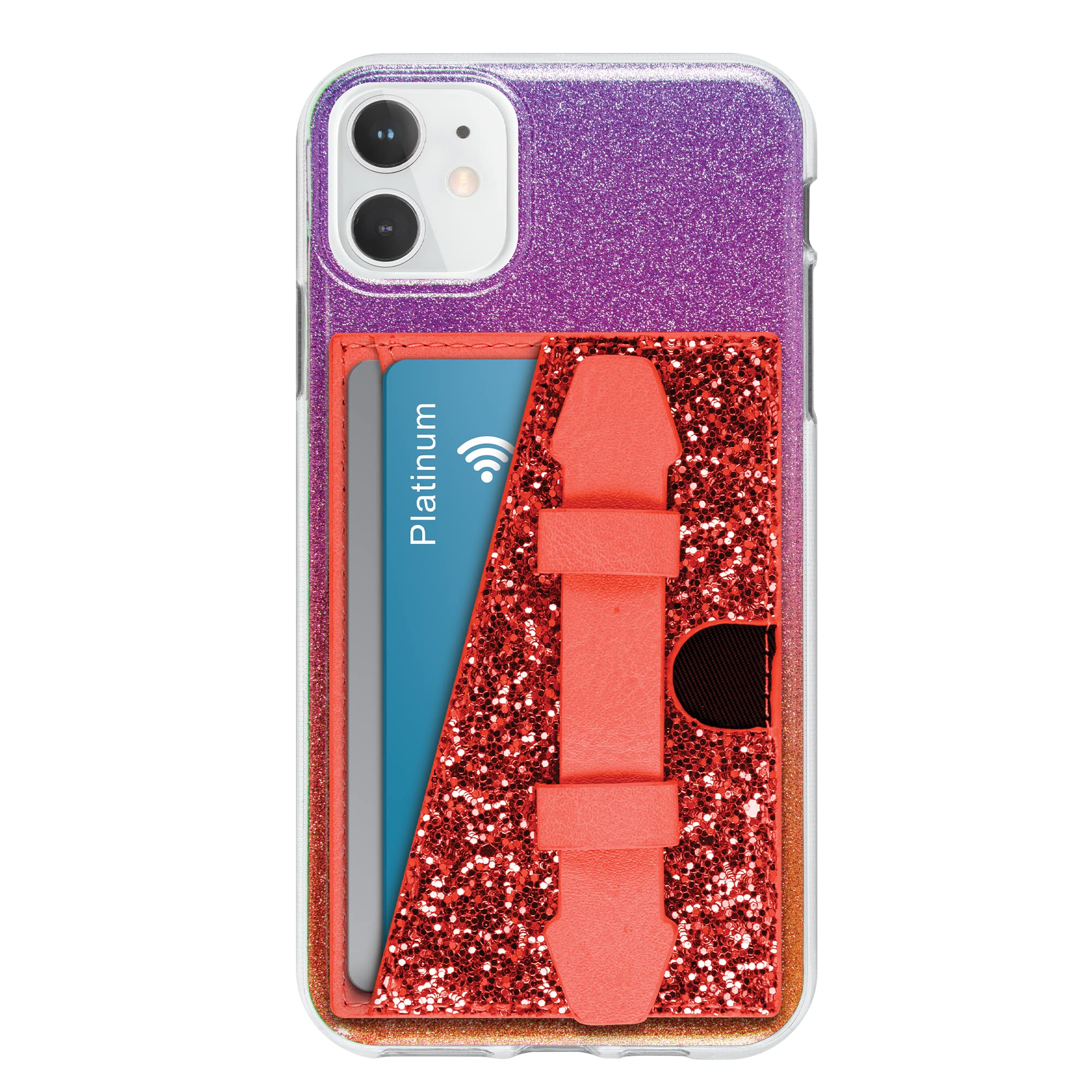 SKYLAR Stick-On Credit Card & ID Holder for Smartphone | Phone Case Wallet w/Finger Strap | 3M Quick Peel & Stick | Adjustable Strap & 2-Pocket Design | Card Holder & Phone Wallet Accessory (Red)