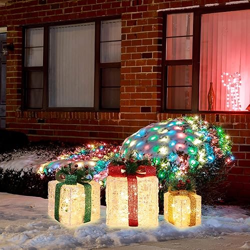 Miniatura 4 de JUSTPRO 3 cajas de regalo iluminadas grandes de 10 x 8.5 x 6.5 pulgadas, decoraciones de Navidad con 70 cajas de regalo de acrílico transparente