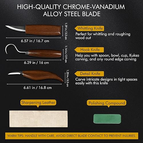 Miniatura 2 de Kit de tallado de madera de lujo con estuche de cuero de vaca, juego de herramientas de tallado de madera, kit de carpintería - Cuchillos de tallado