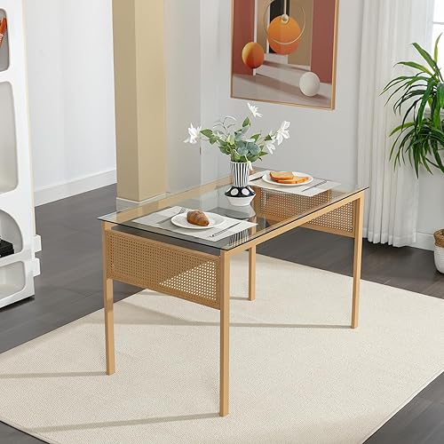 Miniatura 3 de COSVALVE Juego de 4 sillas de comedor boho con respaldo de ratán, asientos tapizados de caña y patas de metal, perfectas para cena, sala de estar o