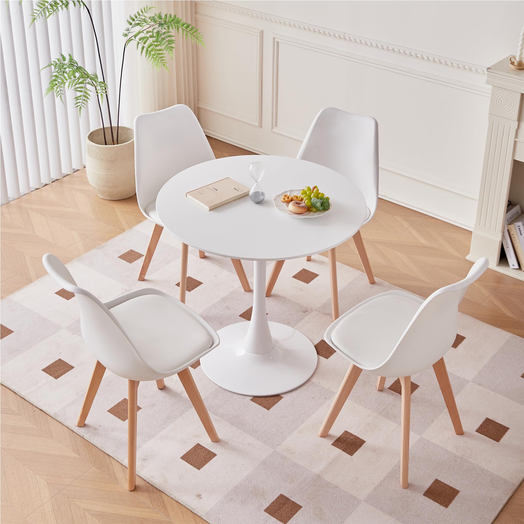 Set da tavolo rotondo e 4 sedie per cucina, terrazza, giardino, balcone o sala da pranzo, tavolo e sedie, set di 5 pezzi (bianco+DTYZ), DTYZ-05