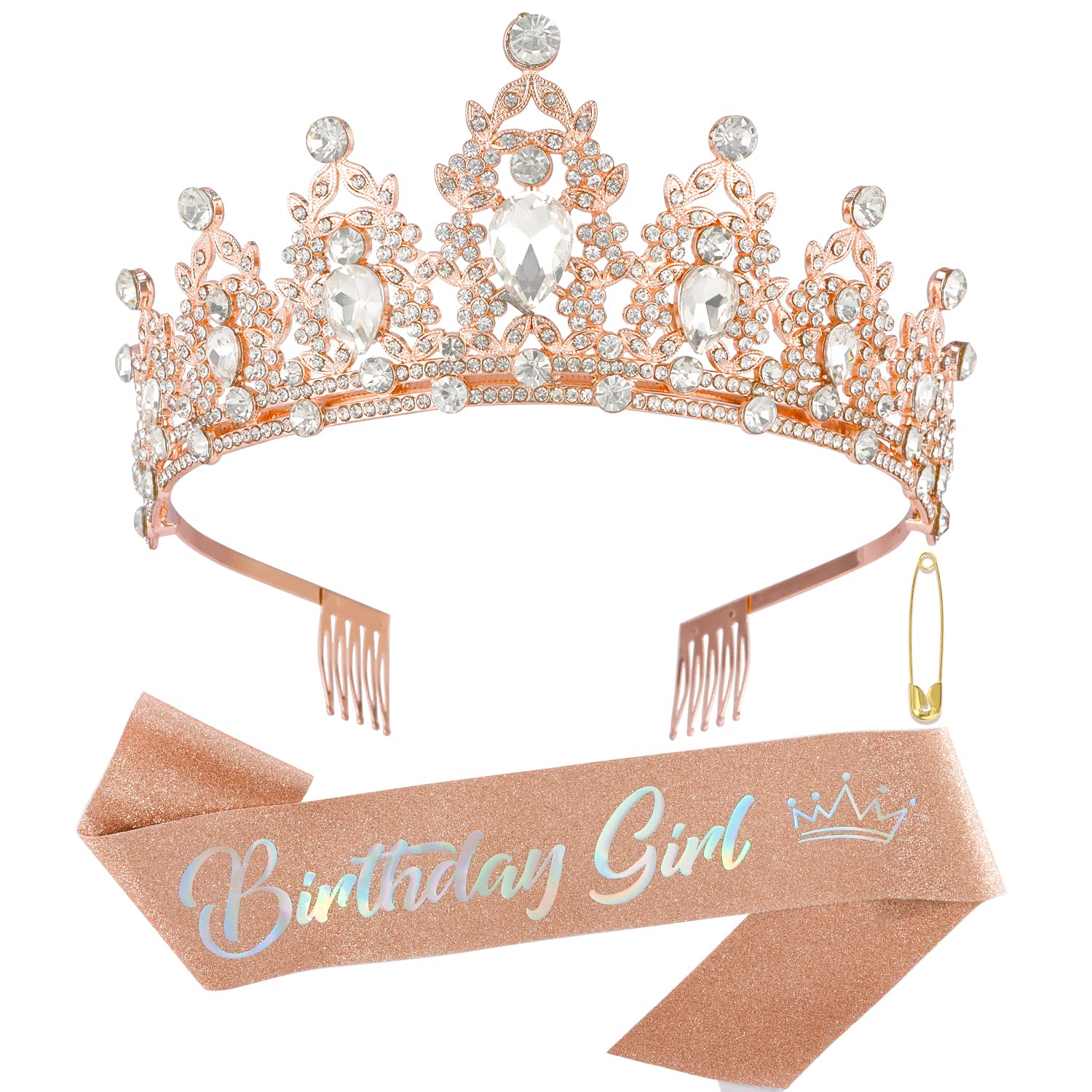Rose Gold Birthday Sash Birthday Crown for Women Crown with Comb Glitter Birthday Girls Sash Princess Birthday Decorations Birthday Tiara Party Decorations Birthday Gifts for Women Party Favor