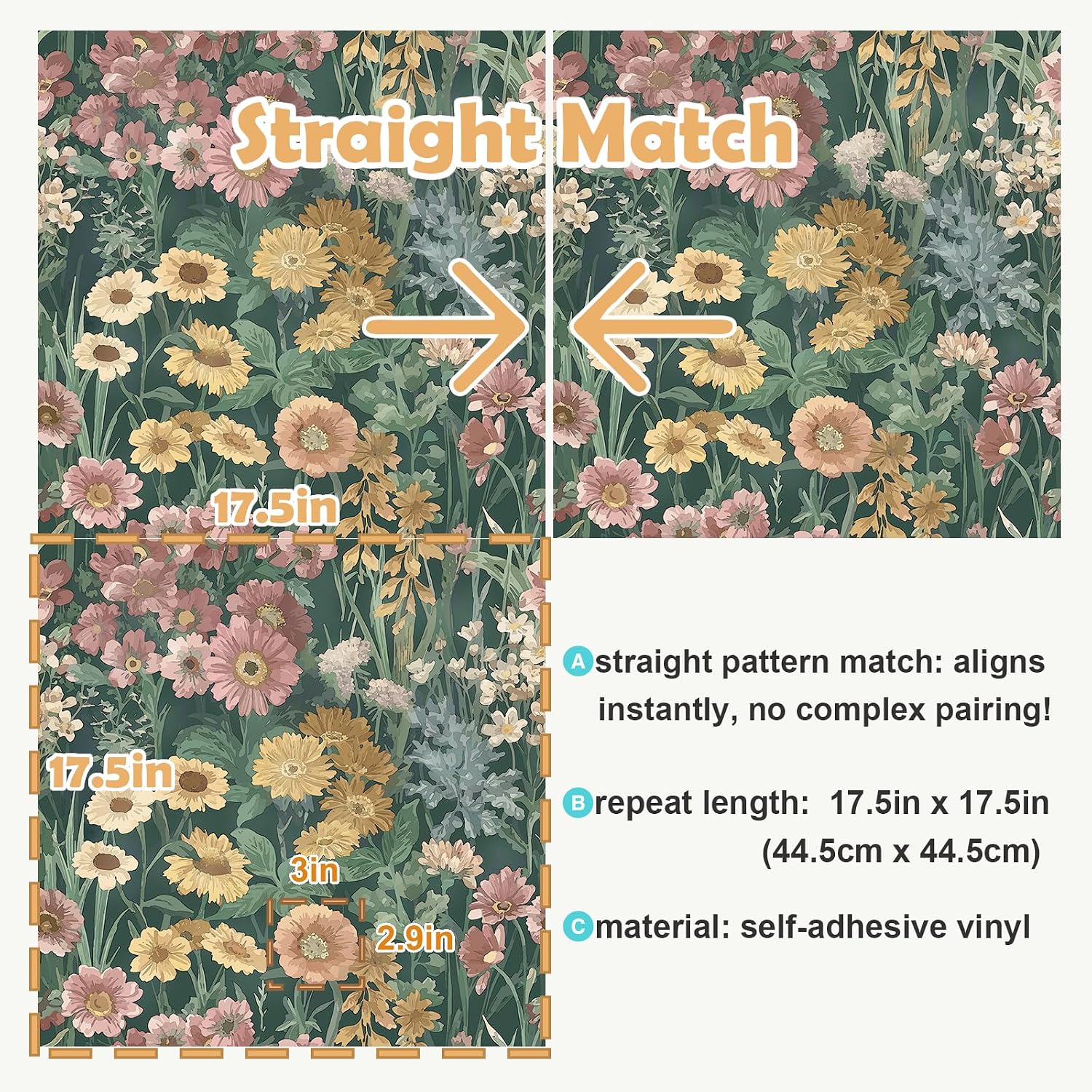 Stickyart Colorful Floral Peel and Stick Wallpaper Bold Flower Contact Paper Boho Whimsical Cottage Core Wallpaper Removable Green Wildflower Floral Botanical Wall Mural for Girls Bedroom 17.5"x276"