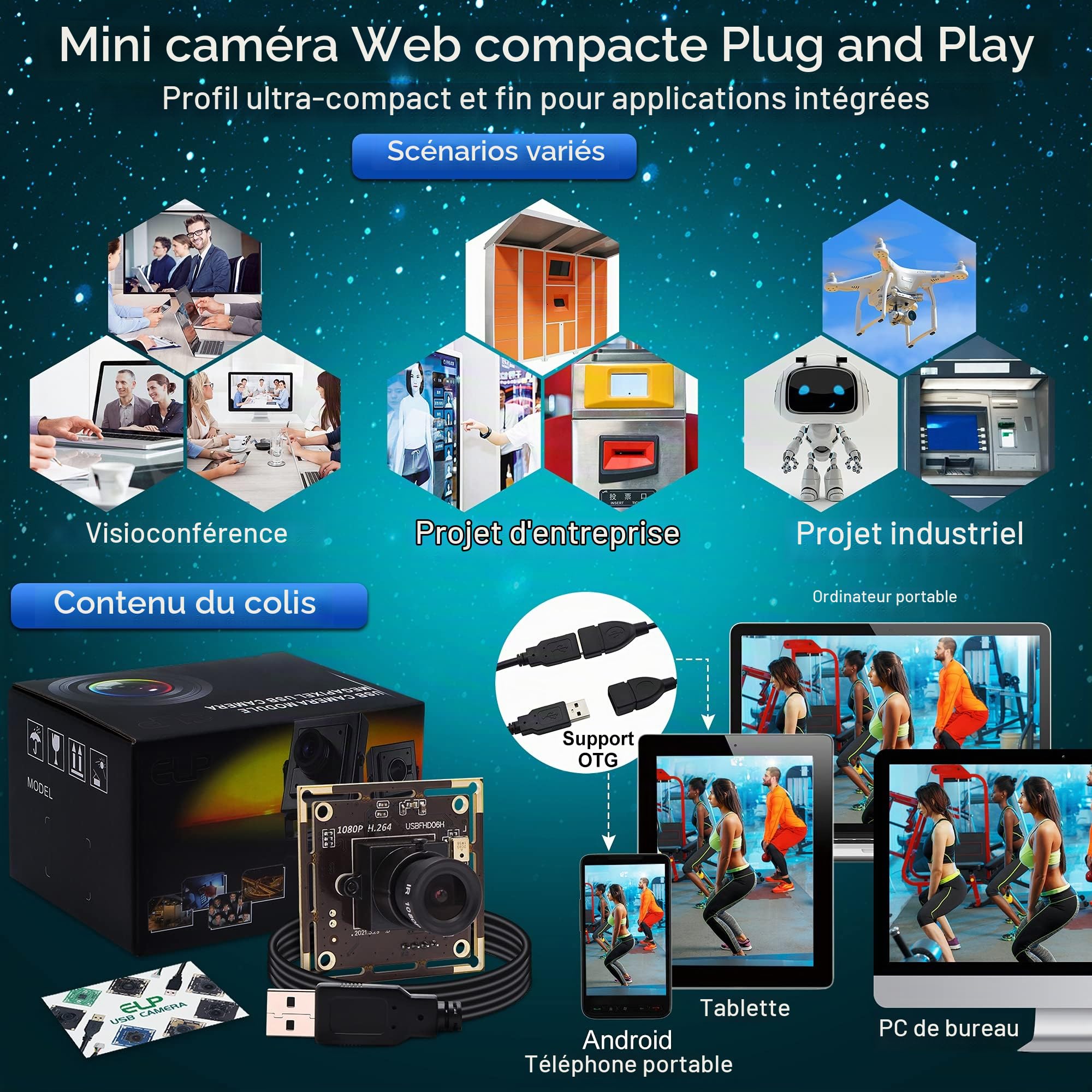 Module de caméra USB ELP 1080p Basse lumière pour Ordinateur avec Microphone, capteur d'image Couleur CMOS IMX323 2 MP, Objectif 3,6 mm, Plug and Play pour Windows, Linux et Mac OS