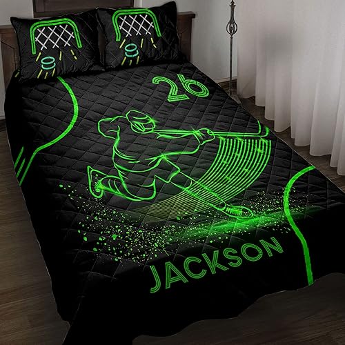 Regalo personalizado para fanáticos del jugador de hockey sobre hielo, color verde neón, color negro, con número de nombre, manta y fundas de