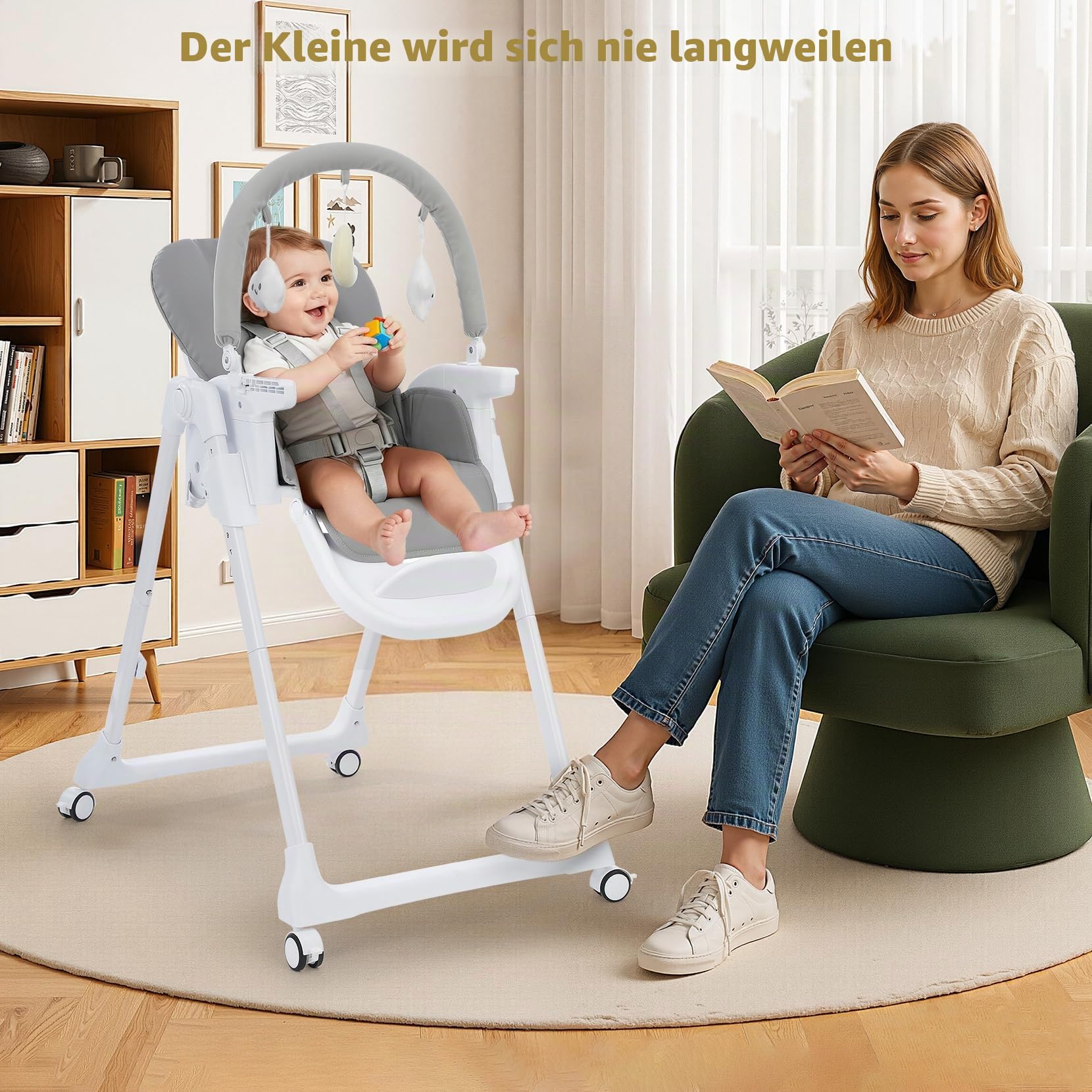 4-in-1 Baby Hochstuhl, höhenverstellbar, faltbar mit Spielbogen & Booster | 7-fach höhenverstellbar, Sitzerhöhung Booster-Funktion, PU-Sitz, Doppeltablett, Rollen mit Bremse, Kinderstuhl