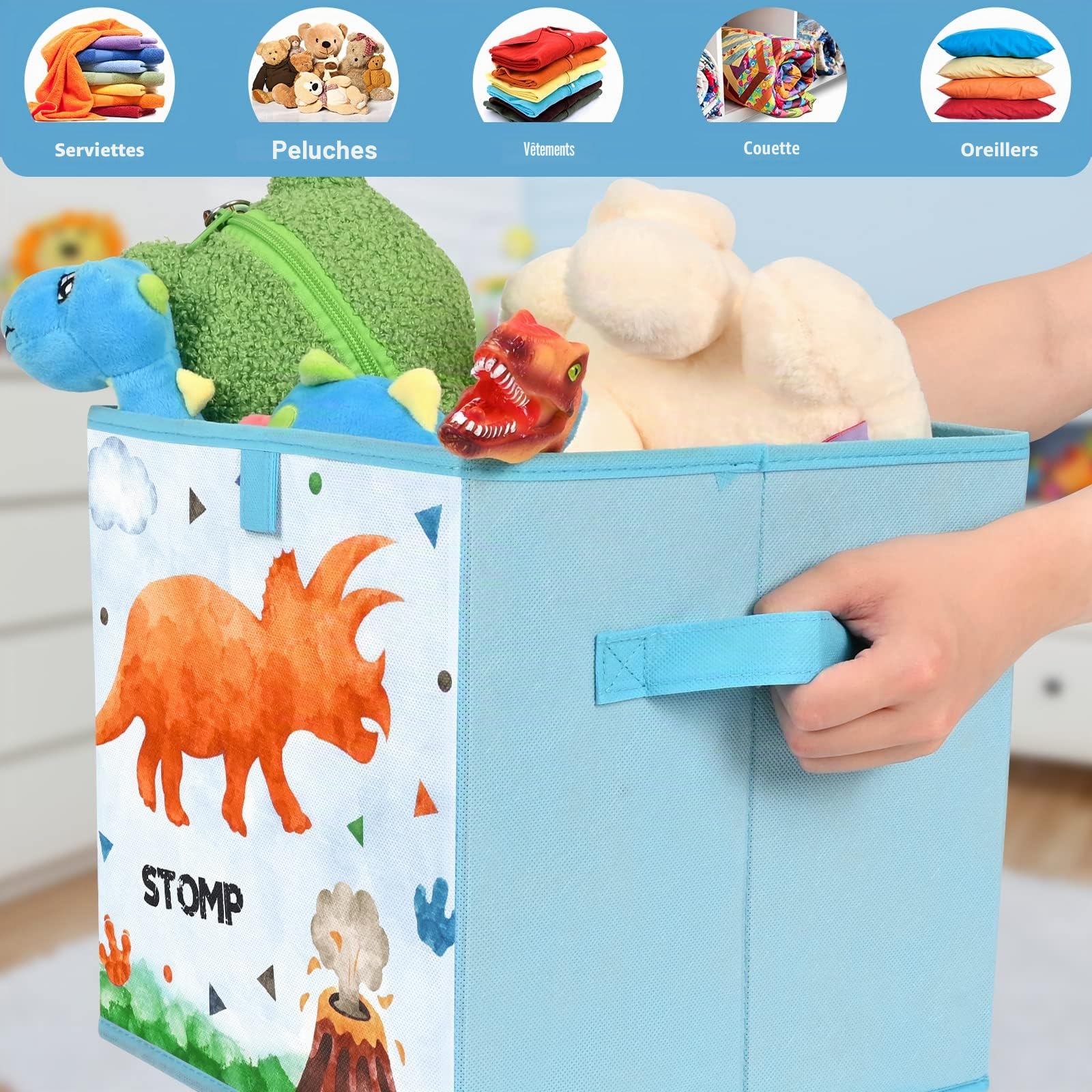 WERNNSAI Bacs Rangement en Cube Dinosaure – Lot 4 Cubes Rangement Pliables 28 cm en Tissu pour Enfant Bleu Paniers Rangement Décoratifs avec Poignées Maison Placard Chambre d'Enfant Chambre à Coucher