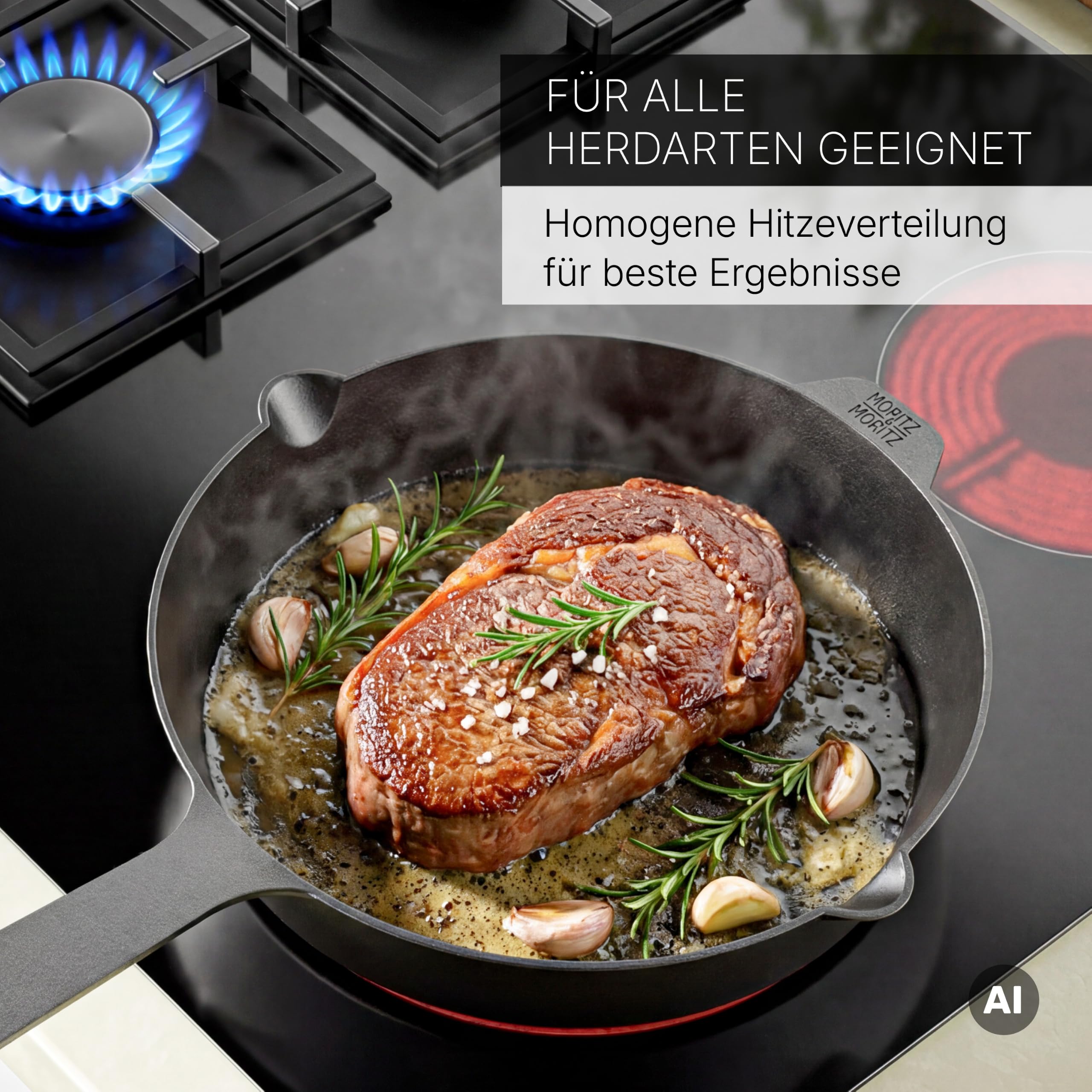 Moritz & Moritz Gusseisenpfanne Induktion 28 cm - Voreingebrannte Antihaft Pfanne Gusseisen Induktion für alle Herdarten, Ofen & Grill geeignet - Inkl. Pfannenwender