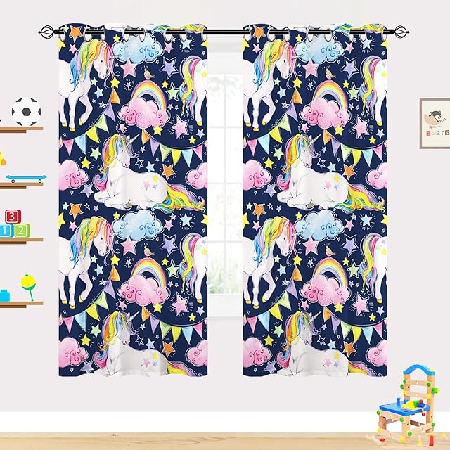 YUANZU Rainbow Unicorn Curtains - Kids Girls Colorful Watercolor Pink Blue Clouds Stars Birds Animal Art Print Pattern Eyelet Blackout Thermal Window Drapes for Baby Bedroom 2 Panels W117cm x D137cm
