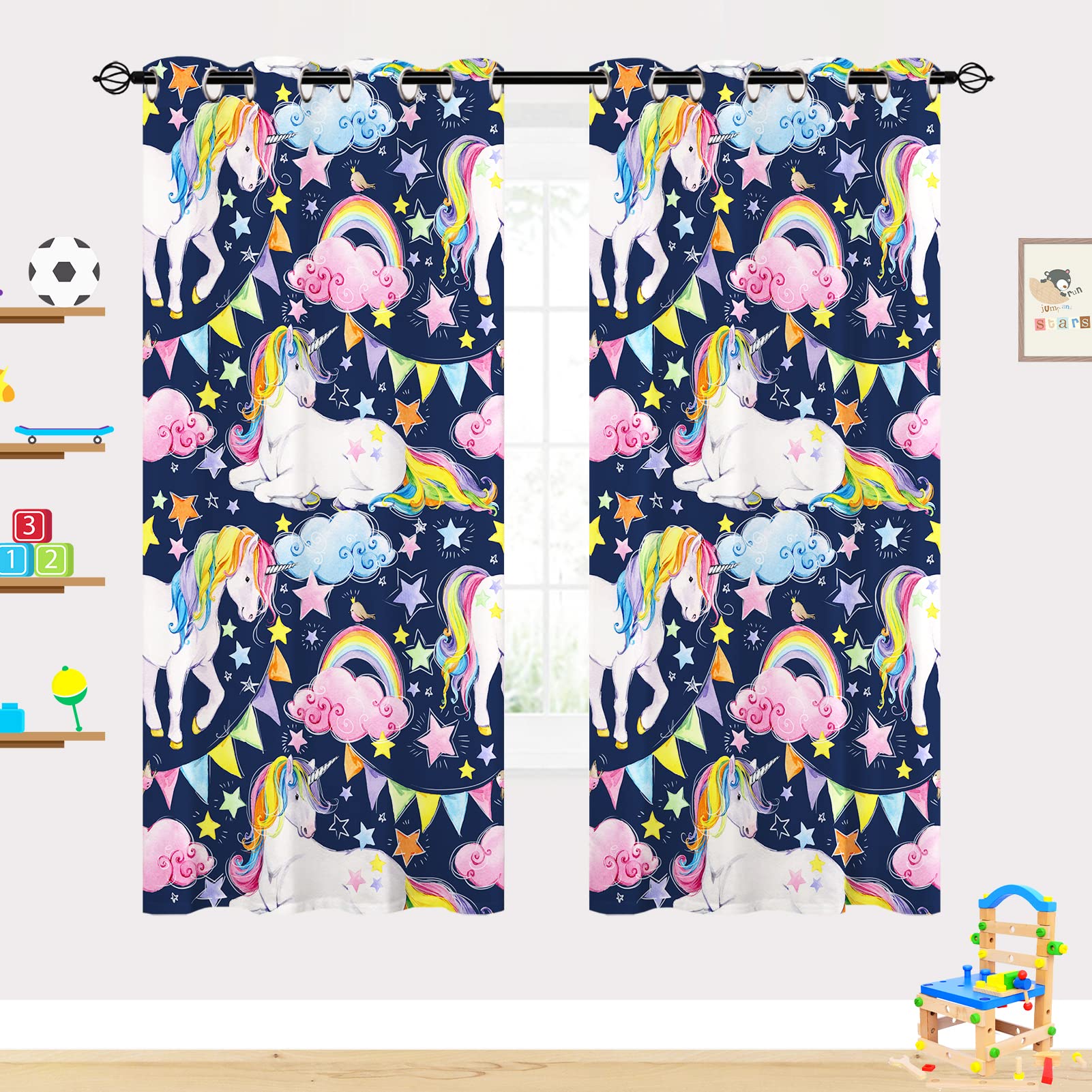 YUANZU Rainbow Unicorn Curtains - Kids Girls Colorful Watercolor Pink Blue Clouds Stars Birds Animal Art Print Pattern Eyelet Blackout Thermal Window Drapes for Baby Bedroom 2 Panels W168cm x D137cm — image 1