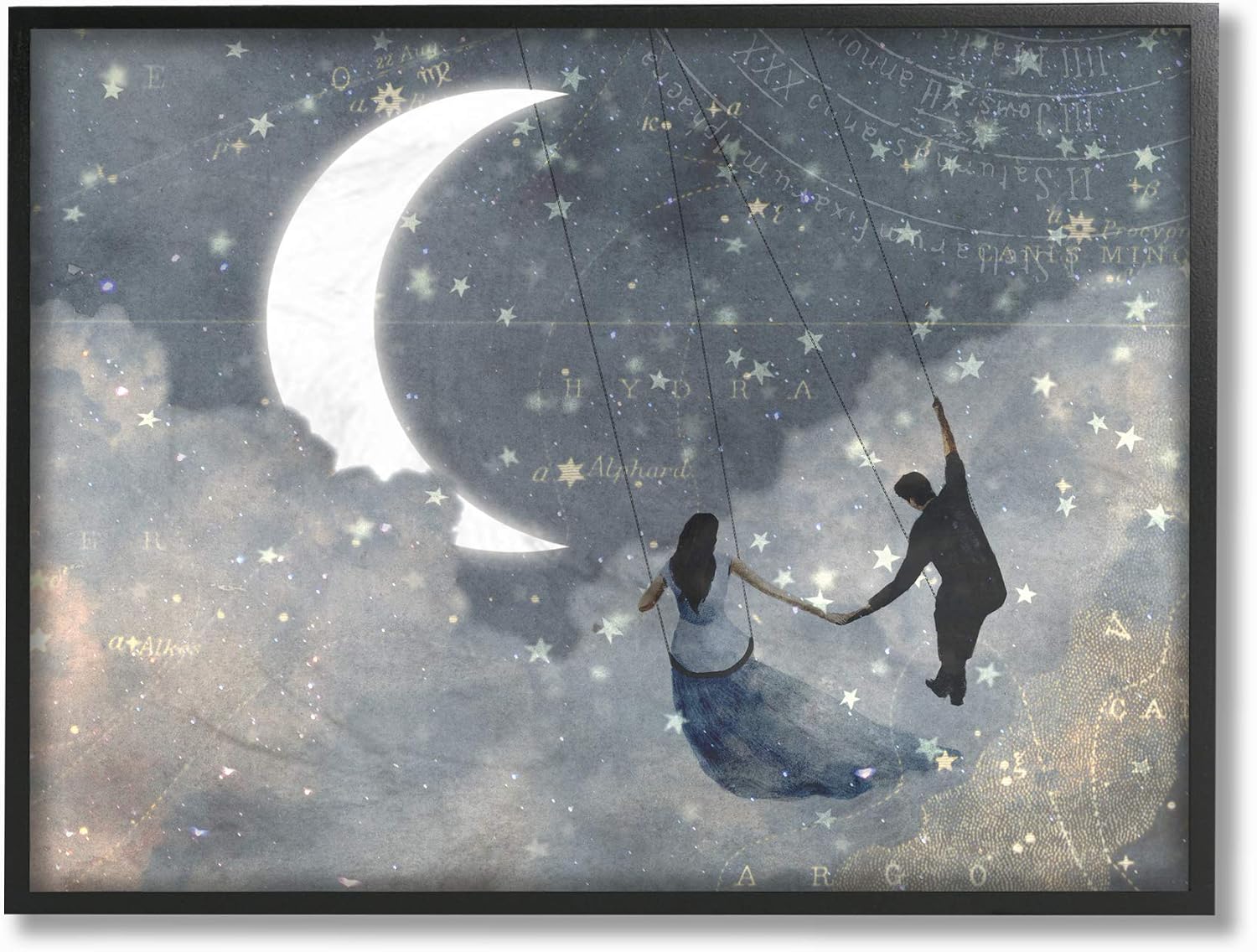 Stupell Industries Grey and Blue Celestial Love Sky Swinging by The Crescent Moon and Stars Oversized Framed Giclee Texturized Art, 16 x 1.5 x 20, Multi-Color