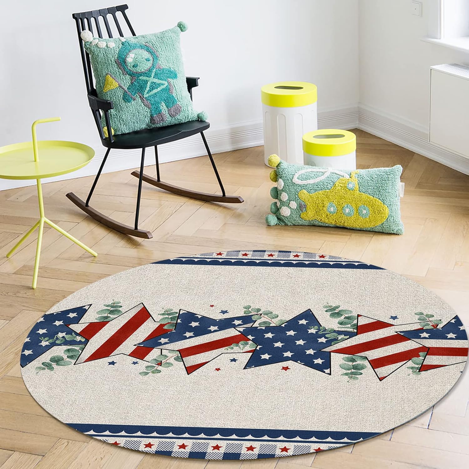 4th of July Round Area Rug 3ft American Flag Stars Felt Floor Carpets Washable Indoor Floor Area Mat Stain-Proof Independence Day Mat Rugs for Living Room Dining Kitchen Bedroom, Eucalyptus Blue Plaid