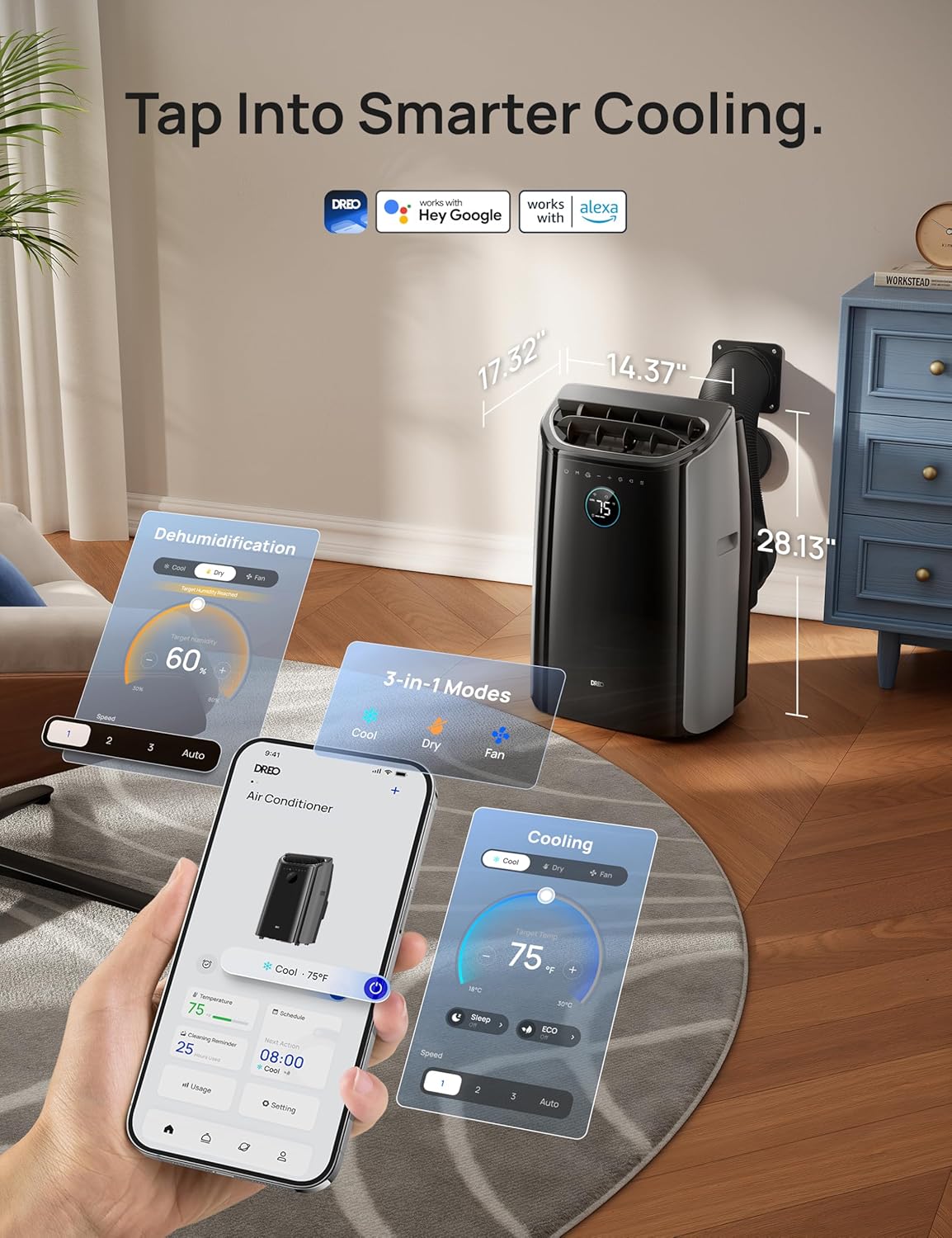 DREO Portable Air Conditioners, 14000 BTU ASHRAE (10,000 BTU DOE) Smart AC Unit for Room with Drainage-free Cooling, APP/Voice/Remote, Fan & Dehumidifier, Quiet Standing AC for Bedroom, AC516S New