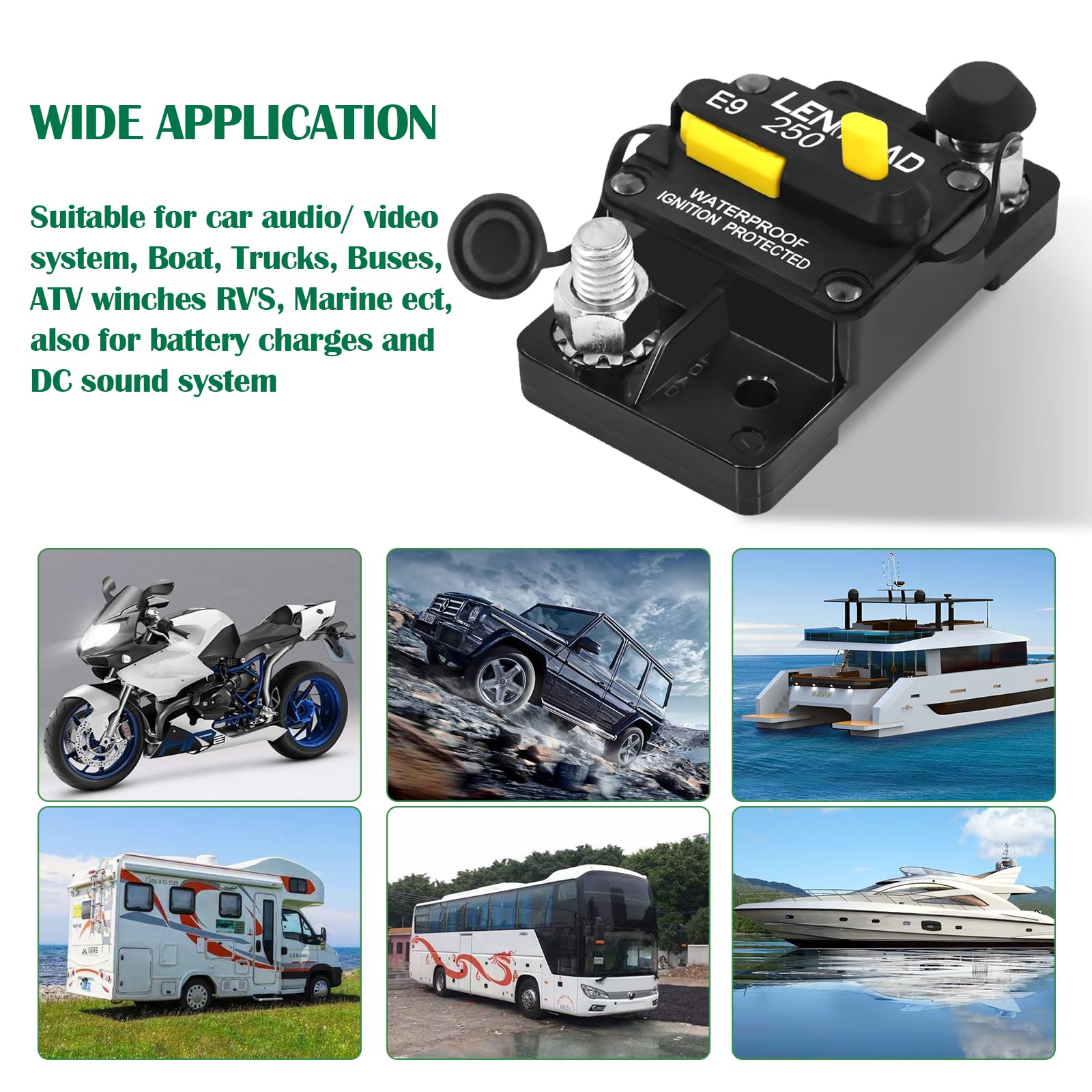 LENKRAD Disyuntor de 250 Amp con botón de reinicio manual para caravana, yate, 12 V – 48 V CC, impermeable, montaje en superficie