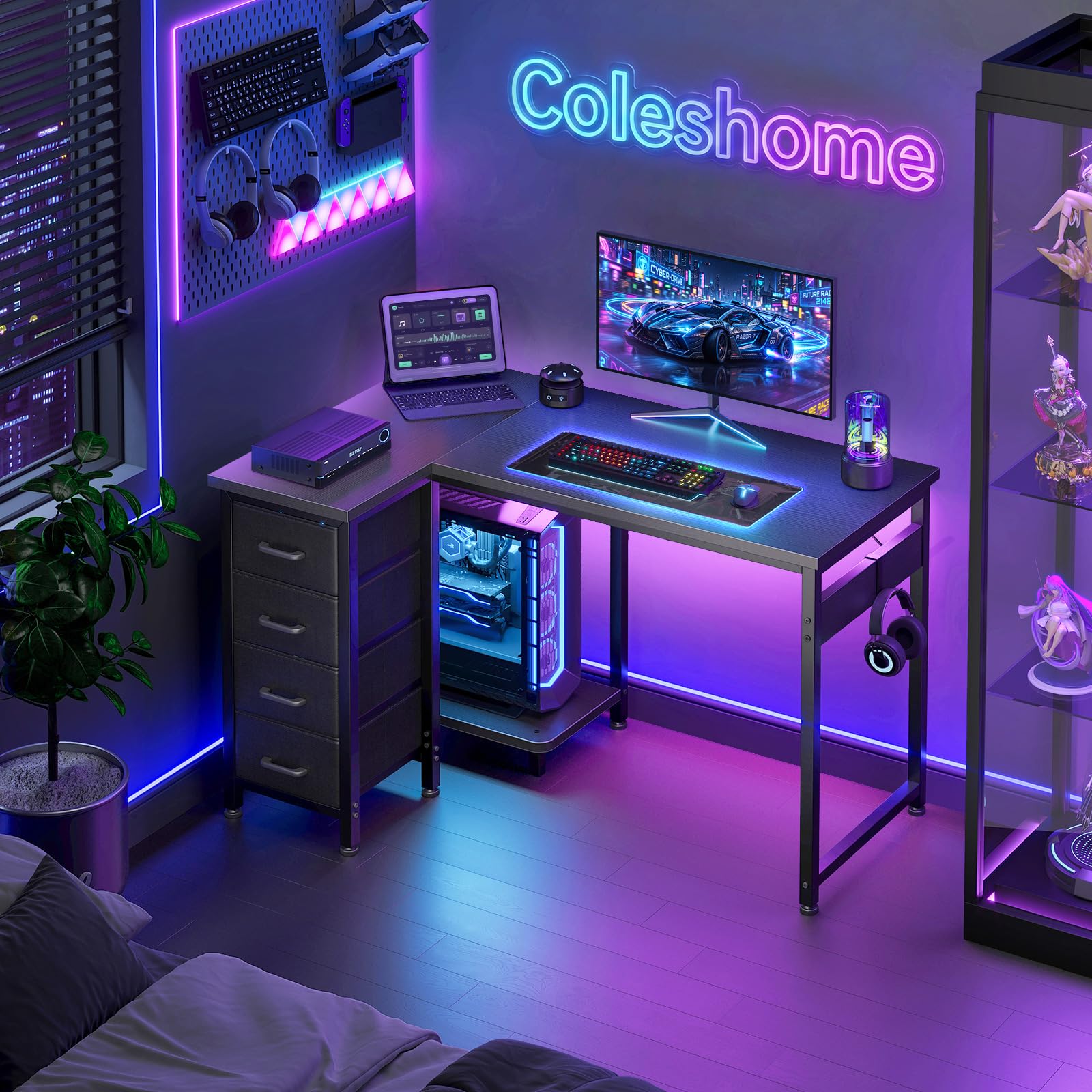 Coleshome Bureau d'angle avec 4 tiroirs, 100x70cm Bureau Gaming, Table Gaming réversibles pour Le Travail à Domicile, Noir