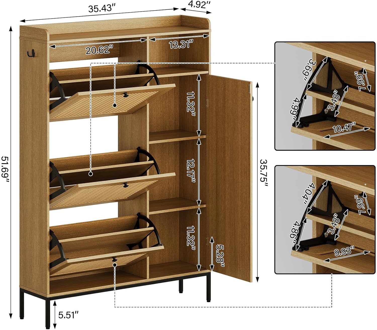 GarveeLife 3-Tier Rattan Shoe Cabinet with Flip Drawers, Adjustable Shelves and Narrow Storage Design, Perfect for Entryways, Hallways, and Bedroom Organization in Wood