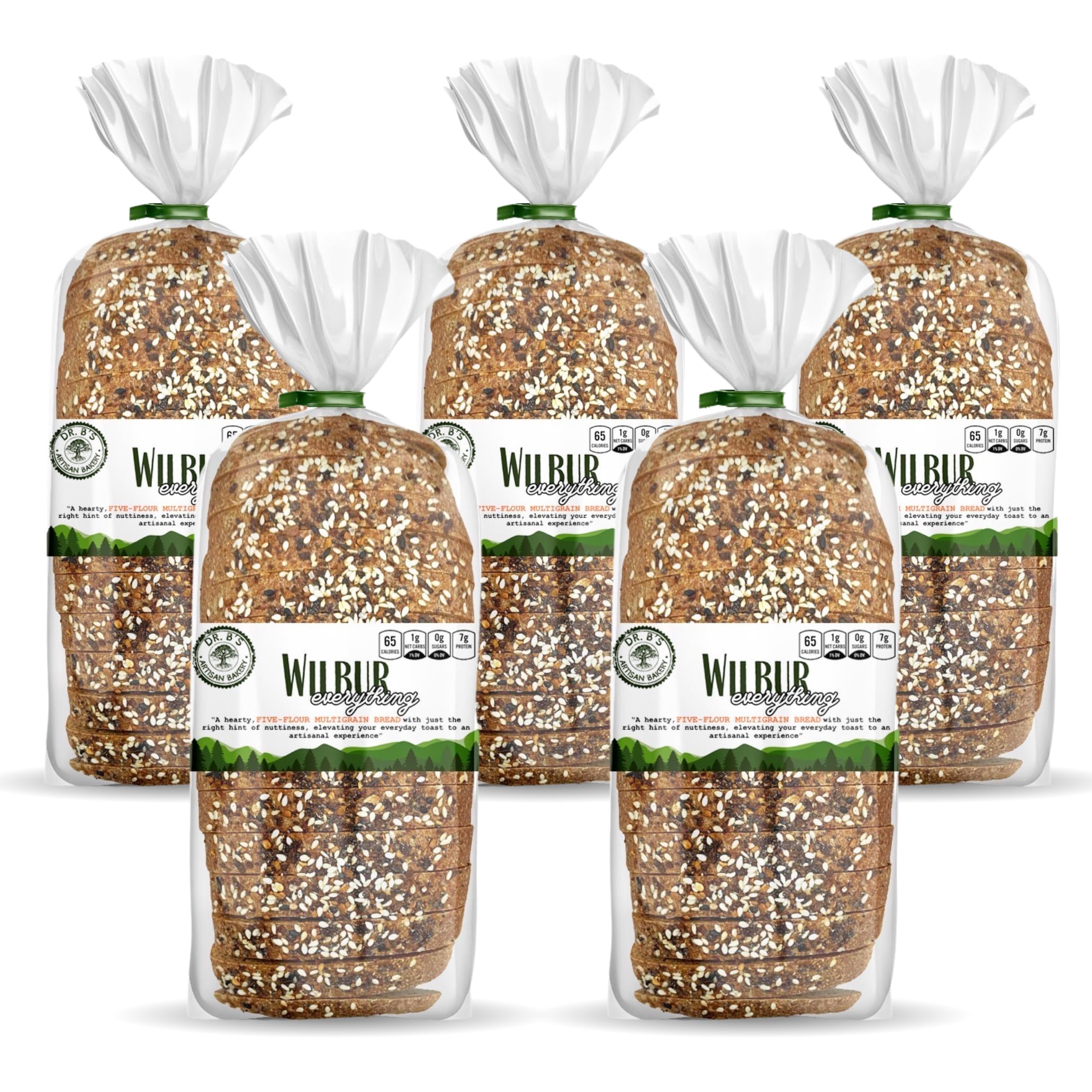 Dr. B's Wilbur Five Flour Multigrain Bread | 1g Net Carbs & 7g Protein | Low Calorie, Vegan, Sugar Free | Fresh, Sliced, Keto & Low Carb Bread Loaf (5 Pack (16 oz), Everything)