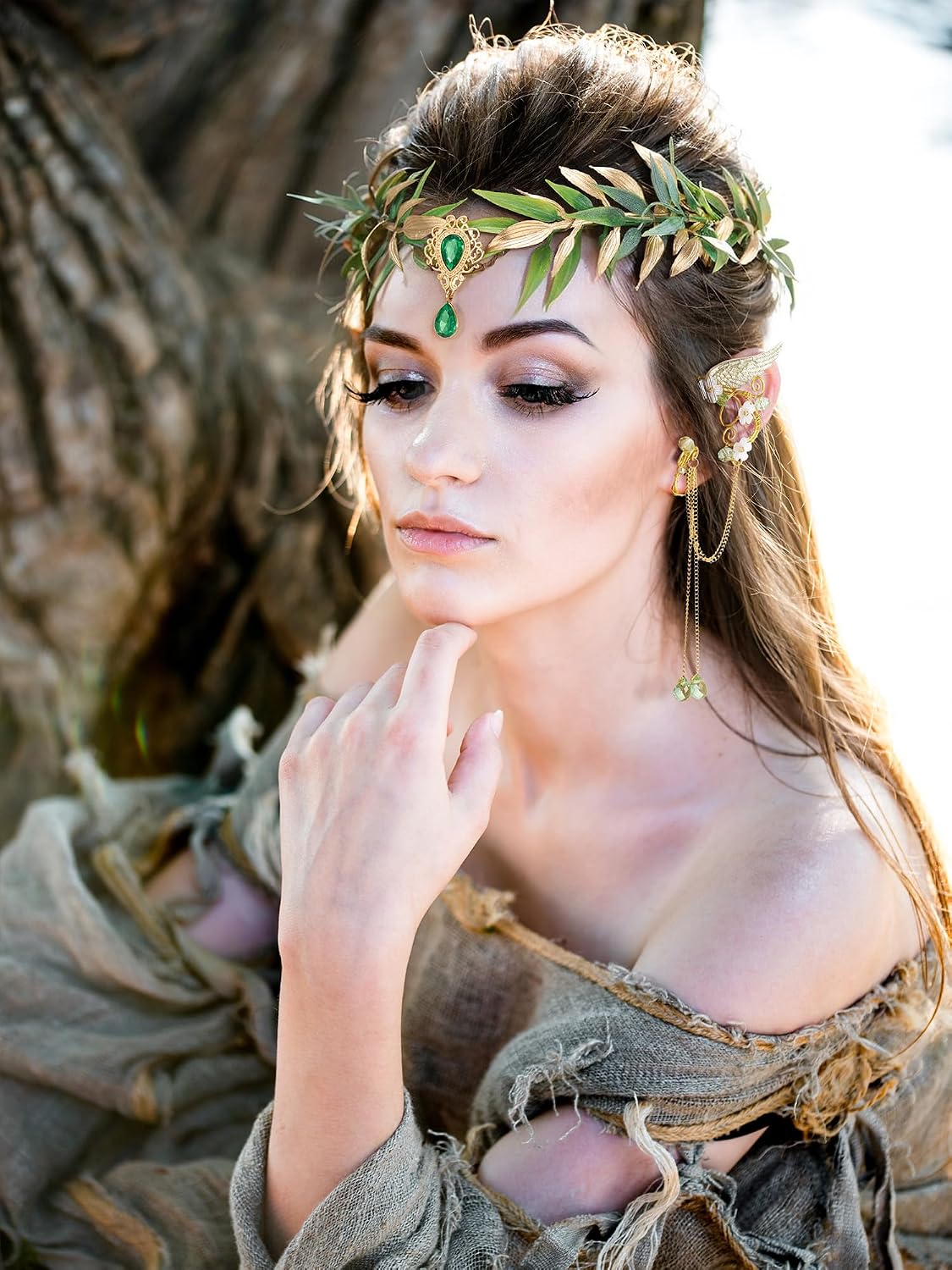 SWEETV Fairy Flower Hairband with Elf Ears, Halloween Fairy Headpiece for Women, Leaf Elf Circlet with Wings Cuff Earrings, Leaf Hairband Set for Photoshoot Cosplay Party