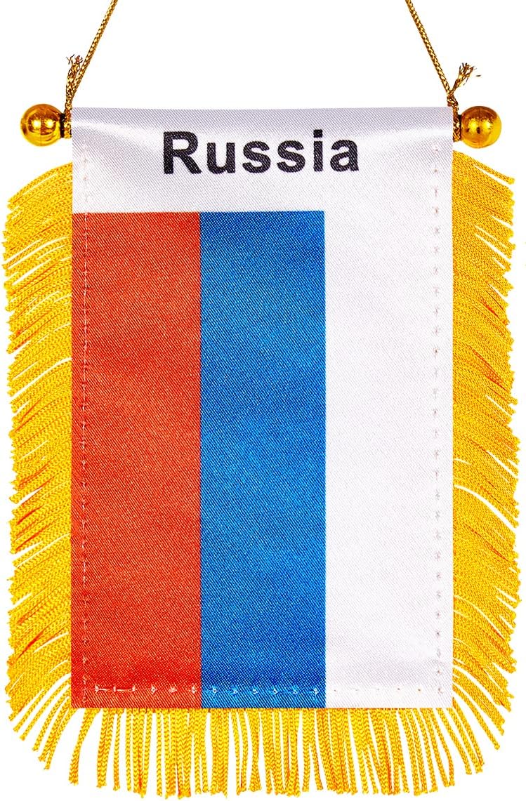 WXTWK 3 X 5 Inch Russia Flag Russian Window Hanging Flag Small Mini Car Flags Banners Rearview Mirror Decoration With Suction Cup Golden Fringy Banner