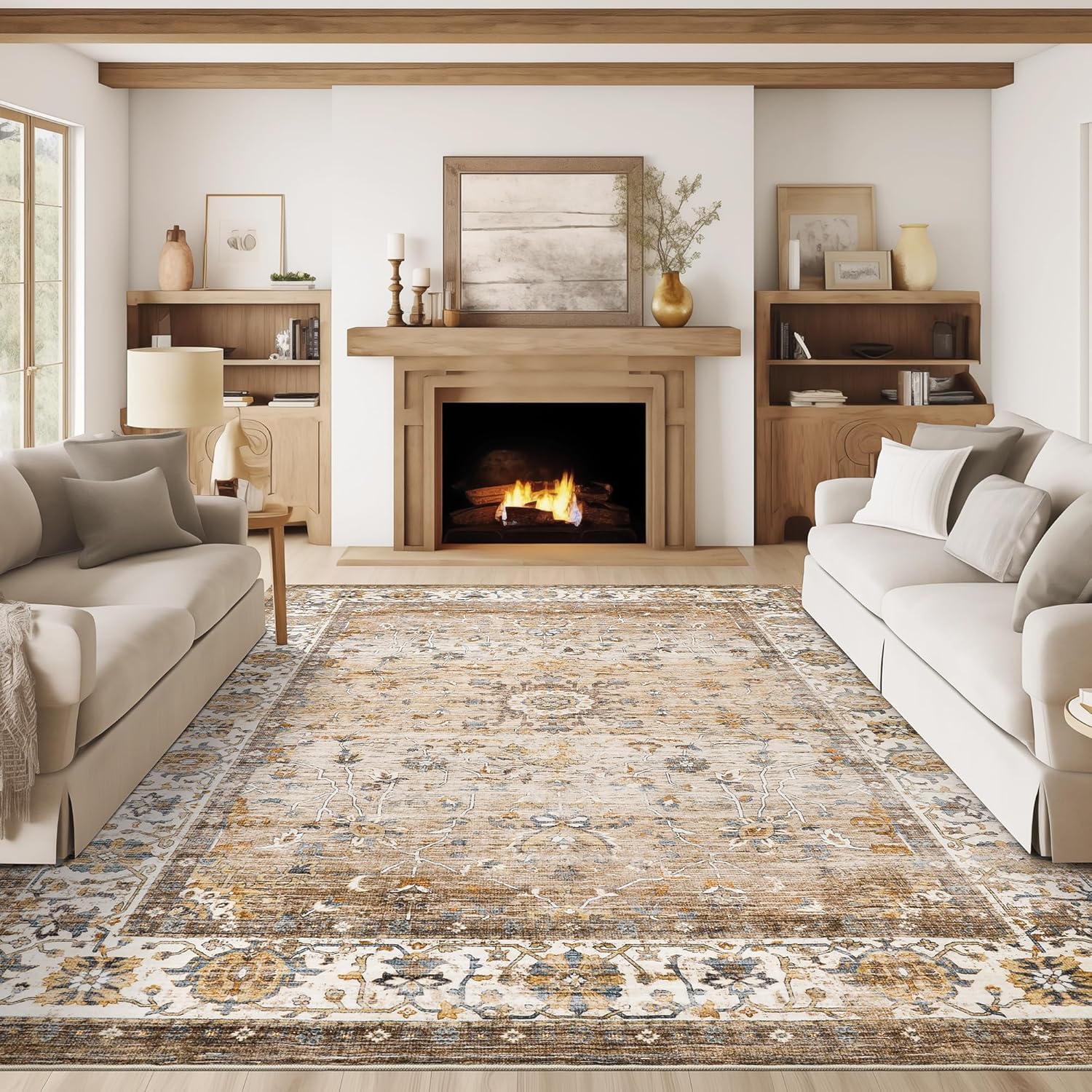 befbee 9x12 Area Rug,Ultra-Thin Washable Rugs for Living Room,Non-Slip Lightweight Foldable Area Rug,Stain Resistant Vintage Large Rugs (Apricot/Blue,