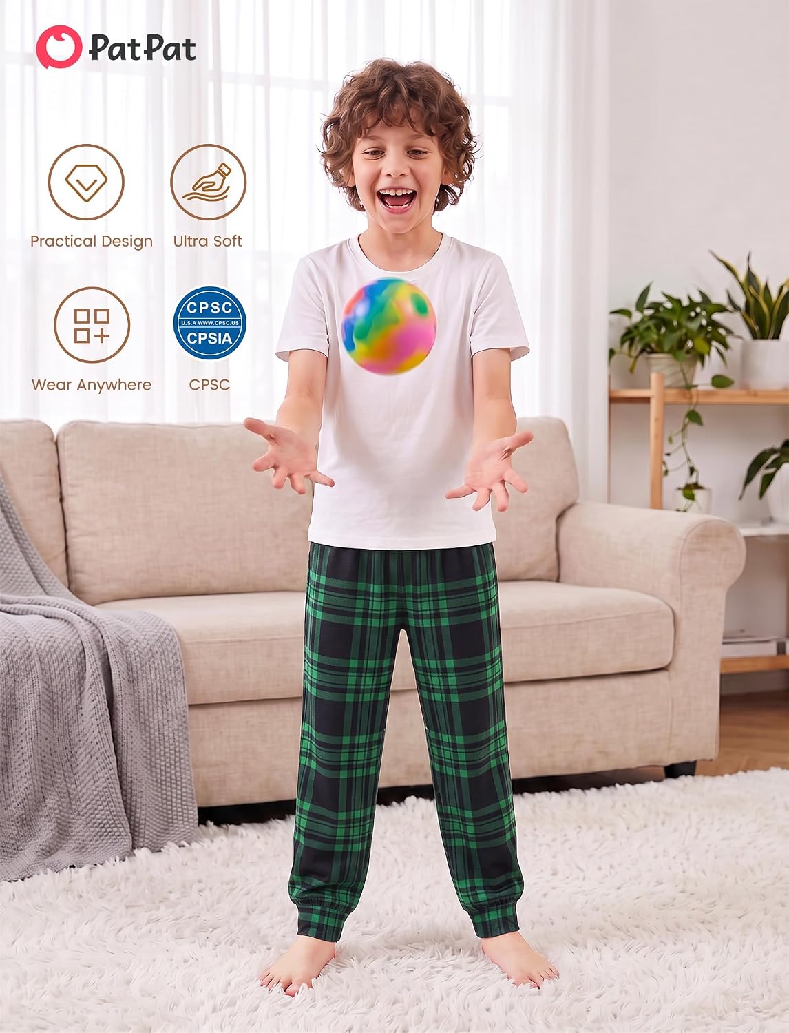 PATPAT Boys Plaid Pajama Pants Jogger Bottoms Black Green 5-6 Years
