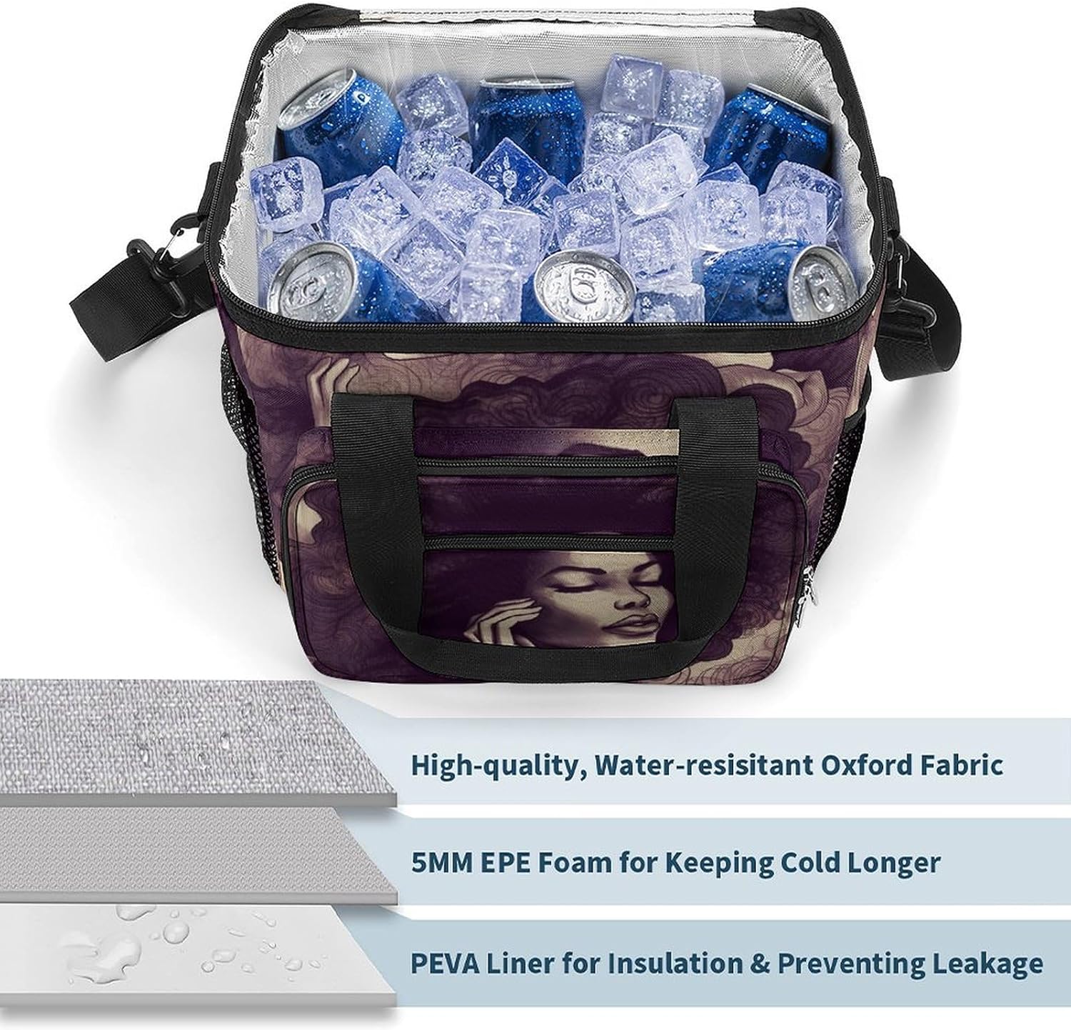 Camping Ice Pack, African Hair Black Women Print Cooler Bag, 22.5L Large Capacity Insulated Lunch Tote Bag for Outdoor, Picnic, BBQ, Travel, Work