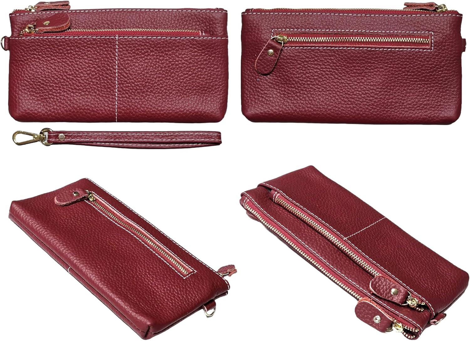 Women Genuine Real Leather Wristlet Wallet Clutch. 3 Zipped Pockets, 6 Credit Card Slots Case Coin Purse (Burgundy) - Image 2