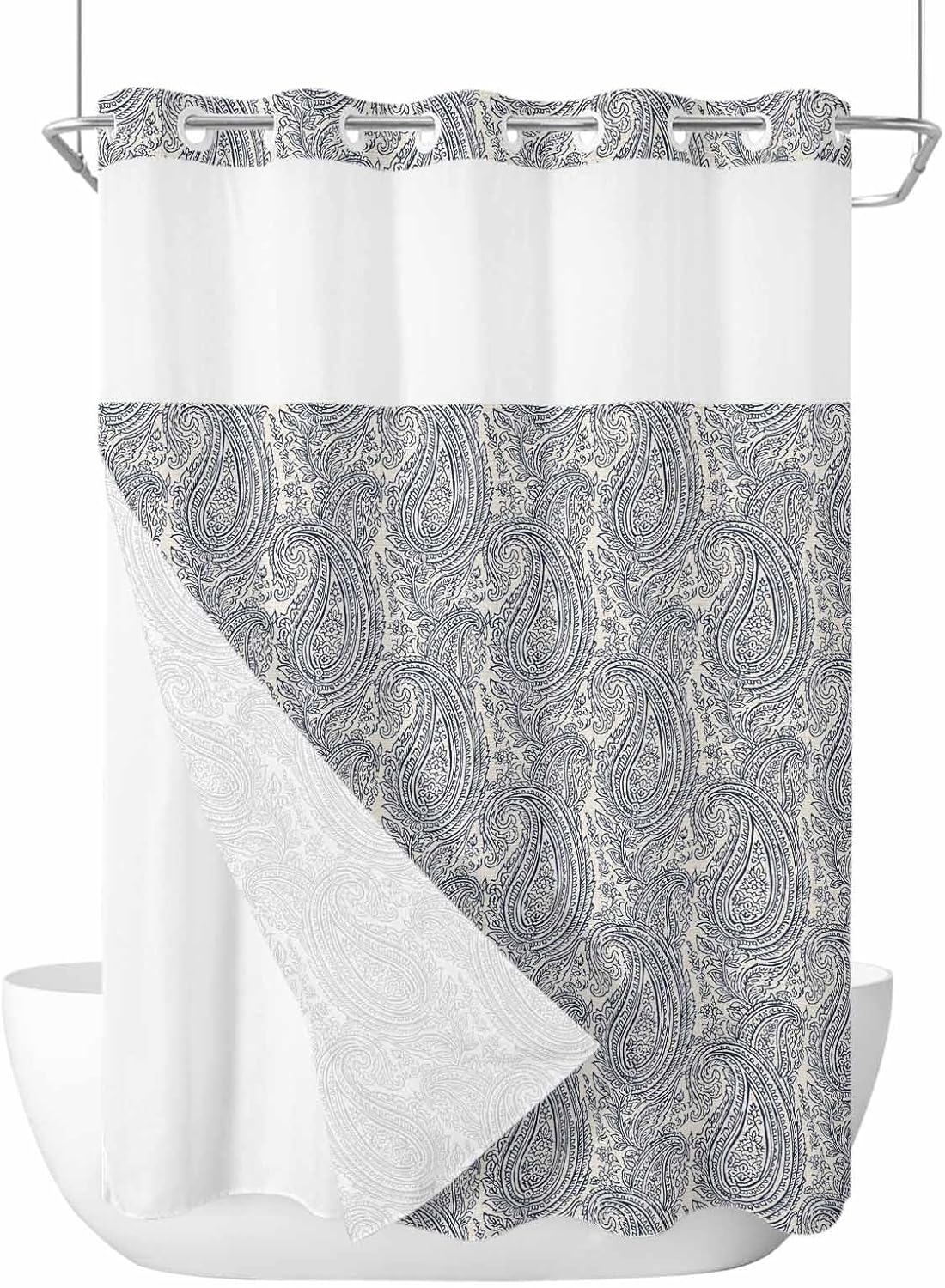 No Hook Shower Curtains, Paisley Waterproof Shower Curtain with Snap in Liner Set, Vintage Mediterranean Abstract Texture Gray Blue Bathroom Decor, See Through Mesh Top Window - Long 72"x84"